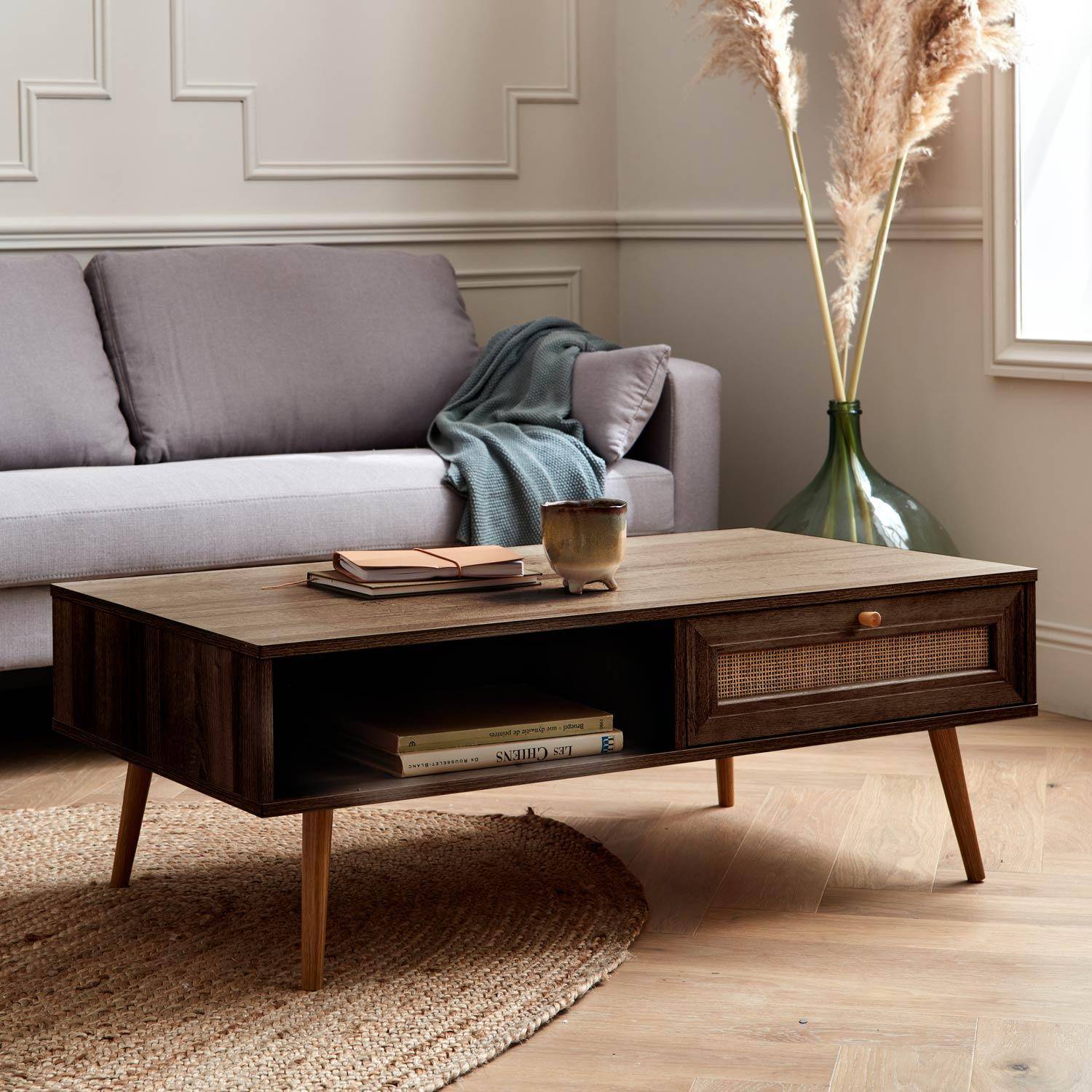  Wood and woven rattan coffee table with storage, 110x59x39cm, dark wood, Boheme,sweeek,Photo1