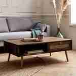  Wood and woven rattan coffee table with storage, 110x59x39cm, dark wood, Boheme Photo1