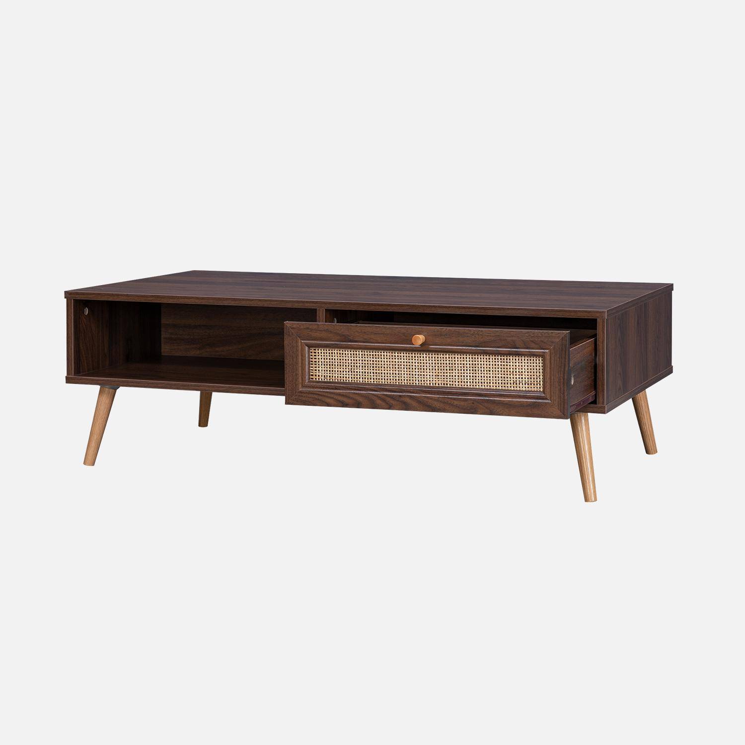 Table basse en cannage 110x59x39cm - Bohème - couleur bois foncé, 1 tiroir, 1 espace de rangement, pieds scandinaves Photo1