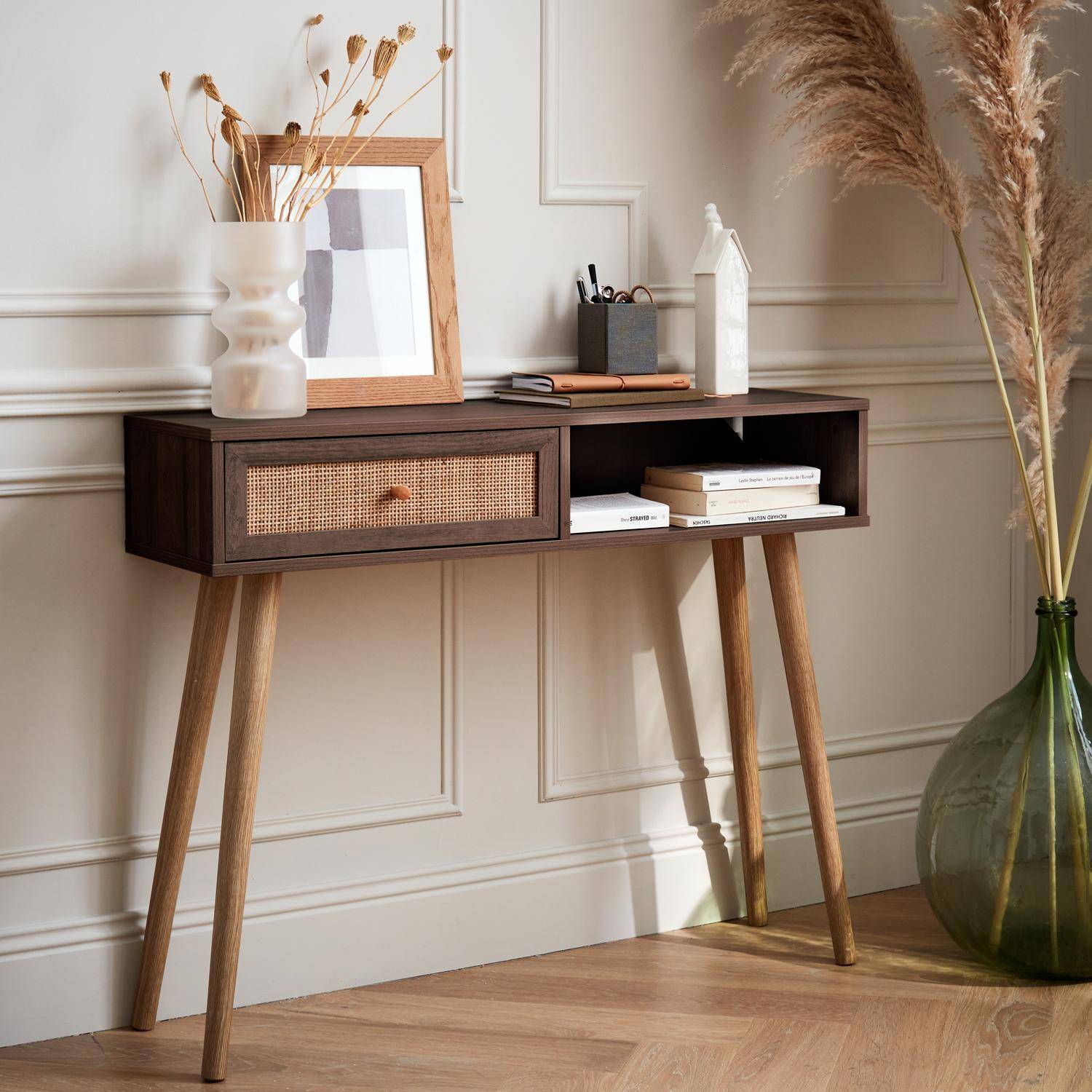 Wood and cane rattan Scandi-style console table, 100x30x81cm - Boheme - Dark wood colour,sweeek,Photo1