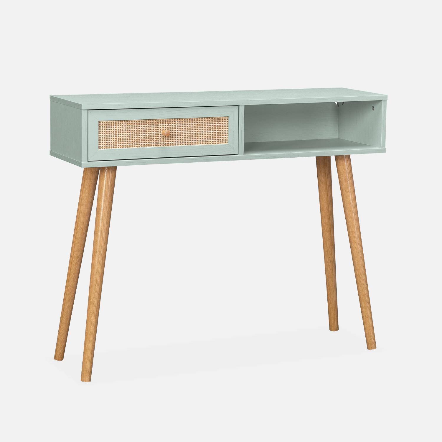 Wood and cane rattan Scandi-style console table, 100x30x81cm - Boheme - Water Green Photo2
