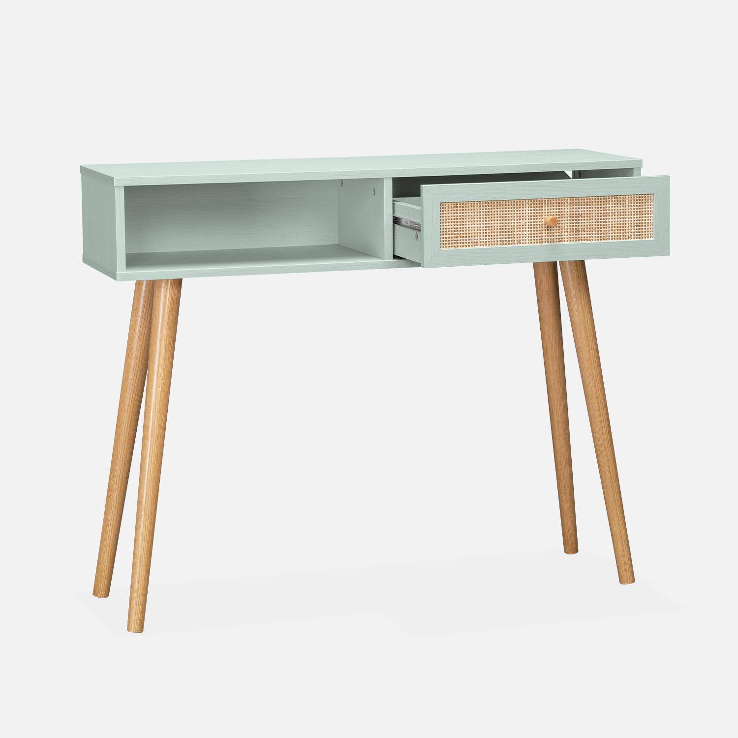Wood and cane rattan Scandi-style console table, 100x30x81cm - Boheme - Water Green,sweeek,Photo4
