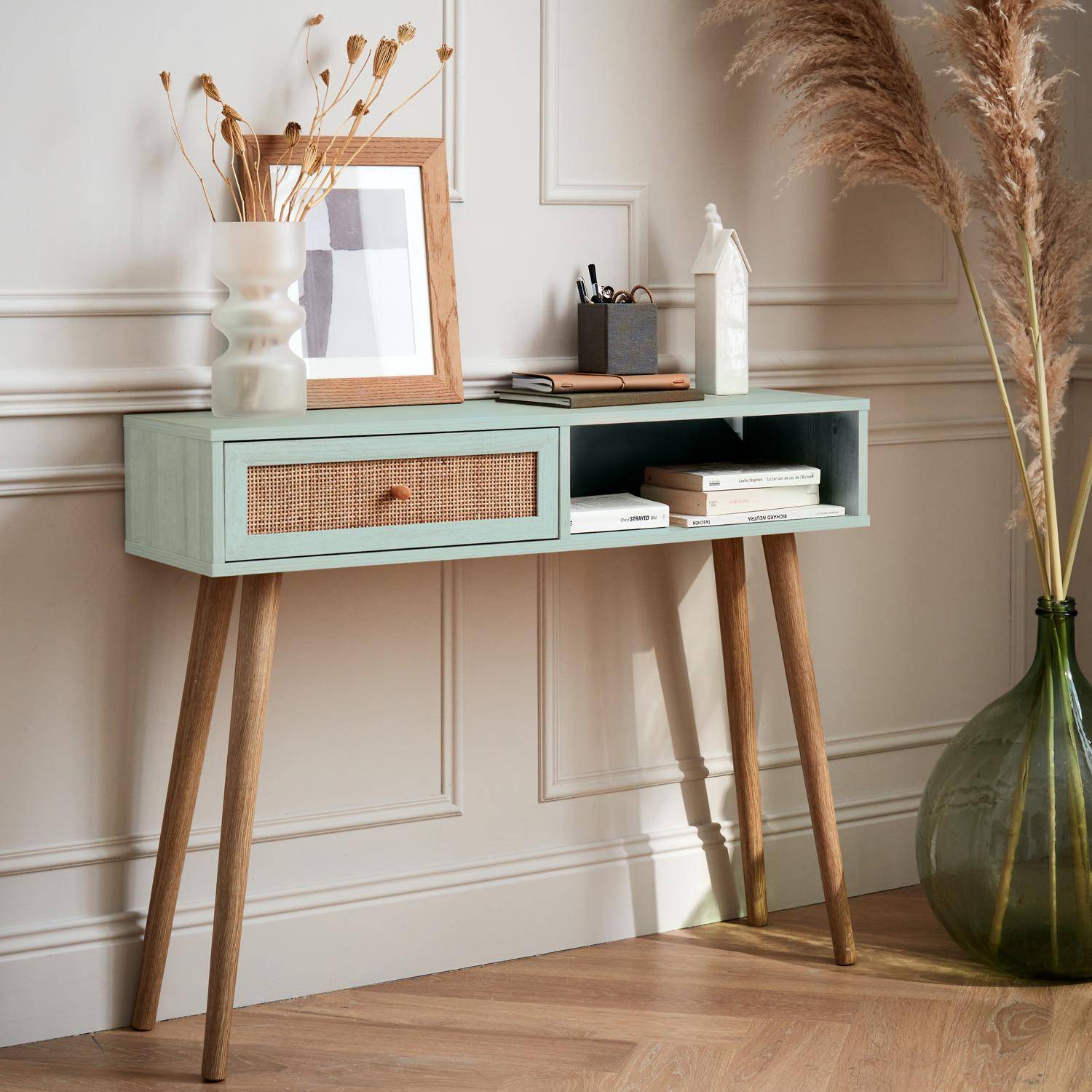 Wood and cane rattan Scandi-style console table, 100x30x81cm - Boheme - Water Green Photo1