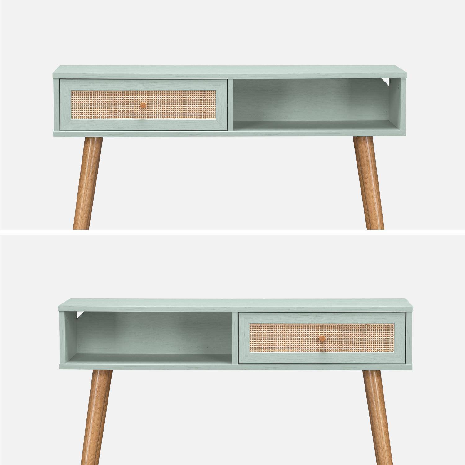 Wood and cane rattan Scandi-style console table, 100x30x81cm - Boheme - Water Green Photo3