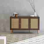 Wooden and cane rattan detail sideboard with 3 doors, 2 shelves, Scandi-style legs, 120x39x70cm - Boheme - Dark wood colour Photo1