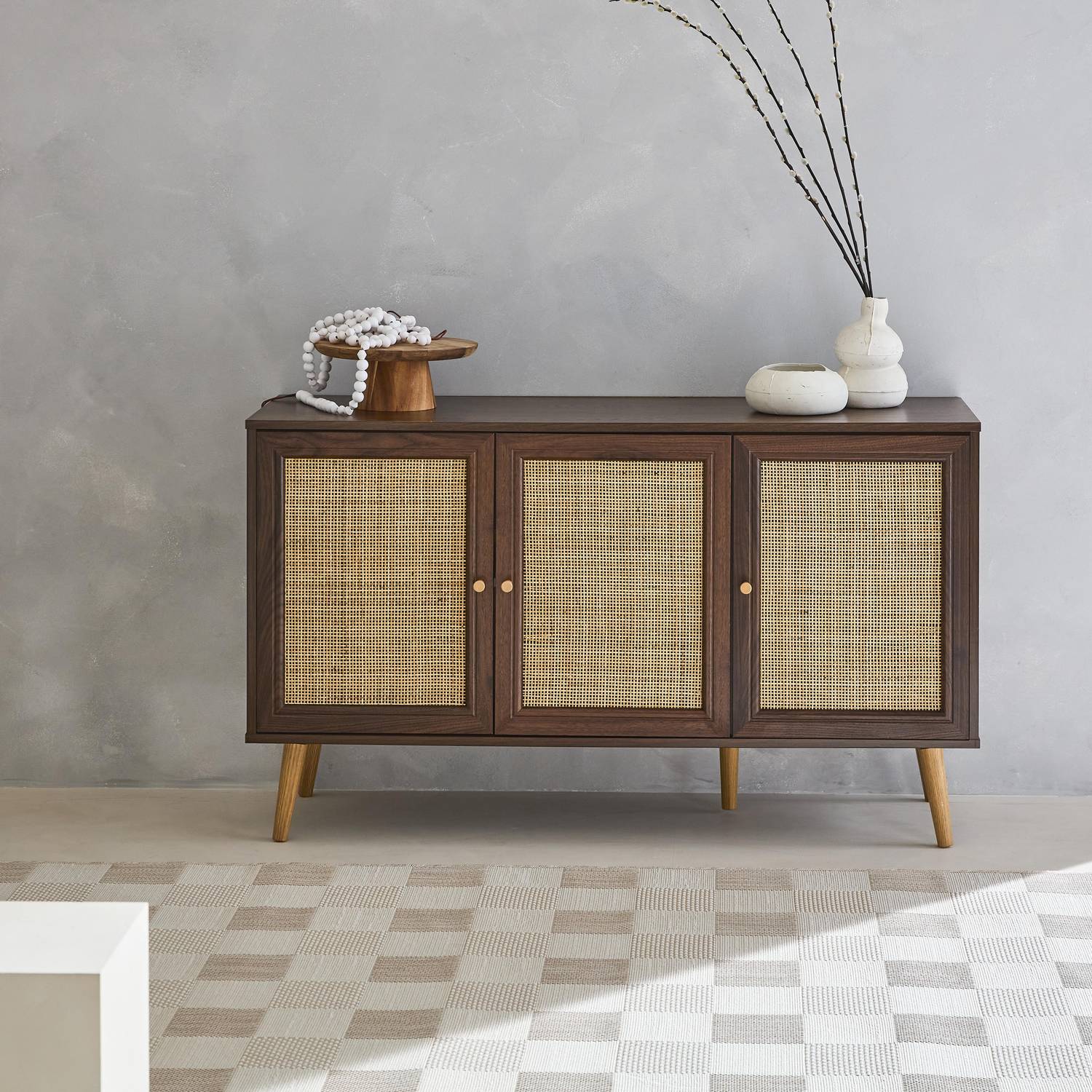 Wooden and cane rattan detail sideboard with 3 doors, 2 shelves, Scandi-style legs, 120x39x70cm - Boheme - Dark wood colour Photo1