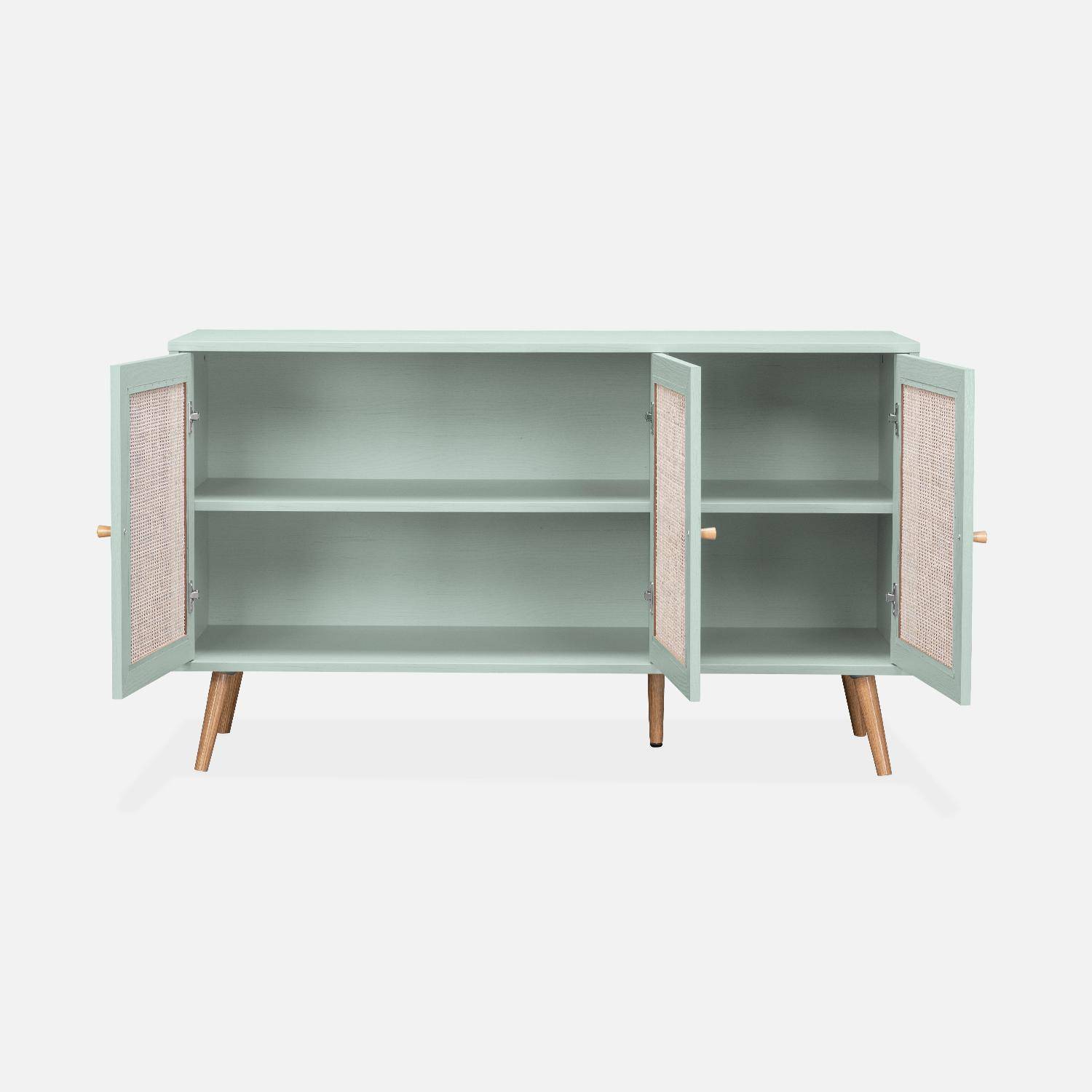 Wooden and cane rattan detail sideboard with 3 doors, 2 shelves, Scandi-style legs, 120x39x70cm - Boheme - Pastel Green Photo5