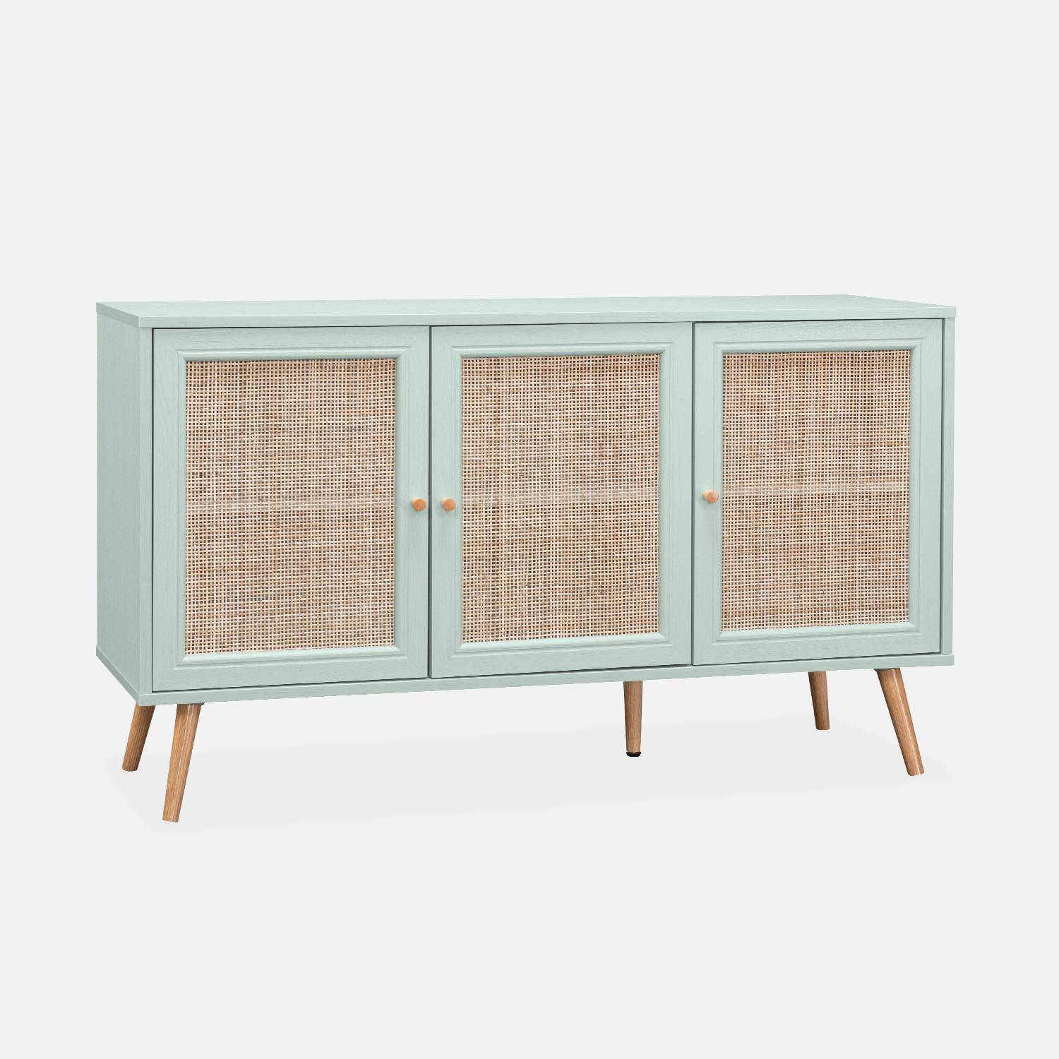 Wooden and cane rattan detail sideboard with 3 doors, 2 shelves, Scandi-style legs, 120x39x70cm - Boheme - Pastel Green,sweeek,Photo3