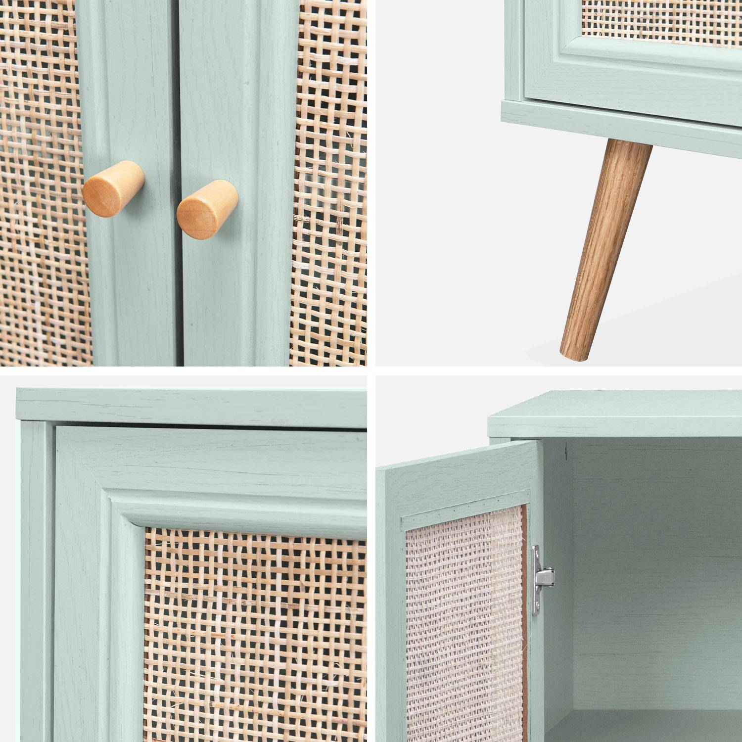 Wooden and cane rattan detail sideboard with 3 doors, 2 shelves, Scandi-style legs, 120x39x70cm - Boheme - Pastel Green,sweeek,Photo6