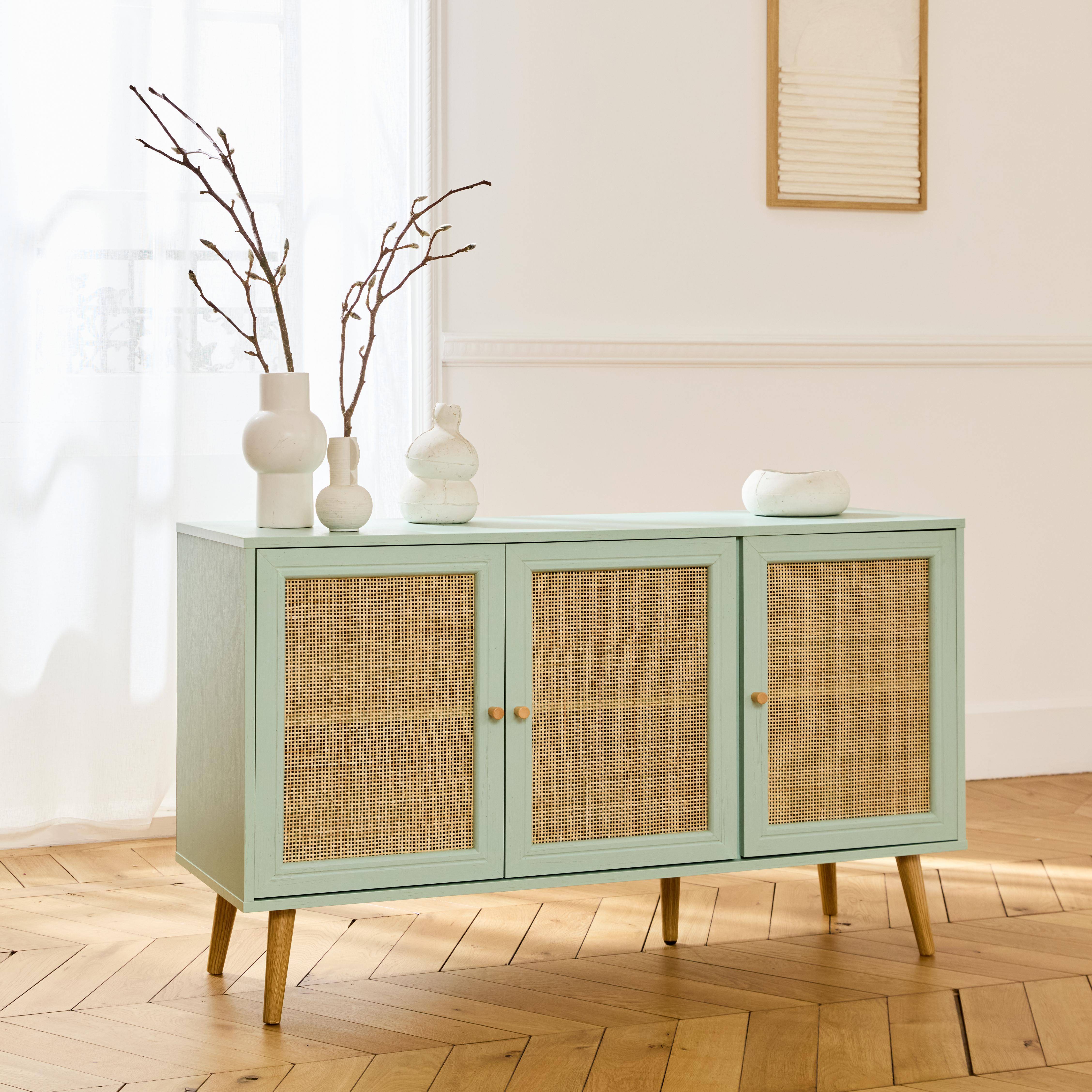 Wooden and cane rattan detail sideboard with 3 doors, 2 shelves, Scandi-style legs, 120x39x70cm - Boheme - Pastel Green Photo2