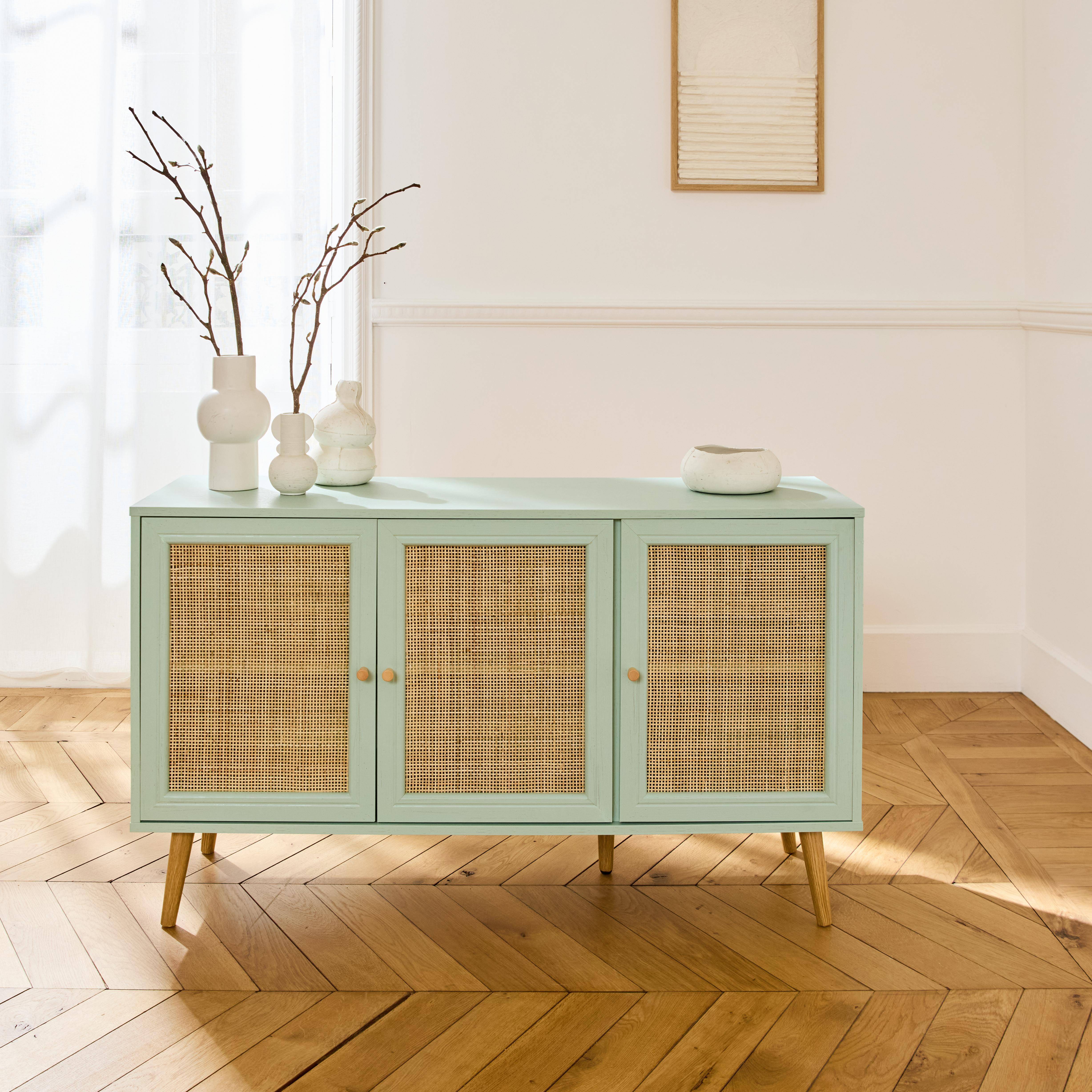 Wooden and cane rattan detail sideboard with 3 doors, 2 shelves, Scandi-style legs, 120x39x70cm - Boheme - Pastel Green,sweeek,Photo1
