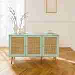 Wooden and cane rattan detail sideboard with 3 doors, 2 shelves, Scandi-style legs, 120x39x70cm - Boheme - Pastel Green Photo1
