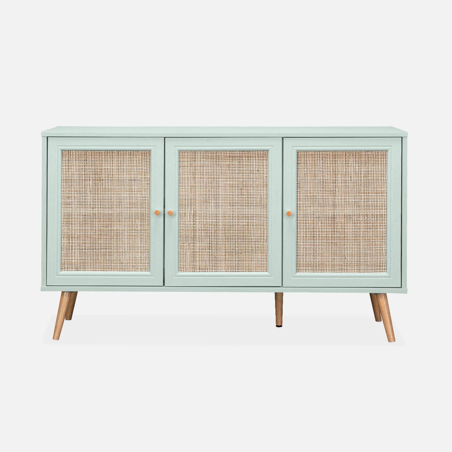 Wooden and cane rattan detail sideboard with 3 doors, 2 shelves, Scandi-style legs, 120x39x70cm - Boheme - Pastel Green Photo4