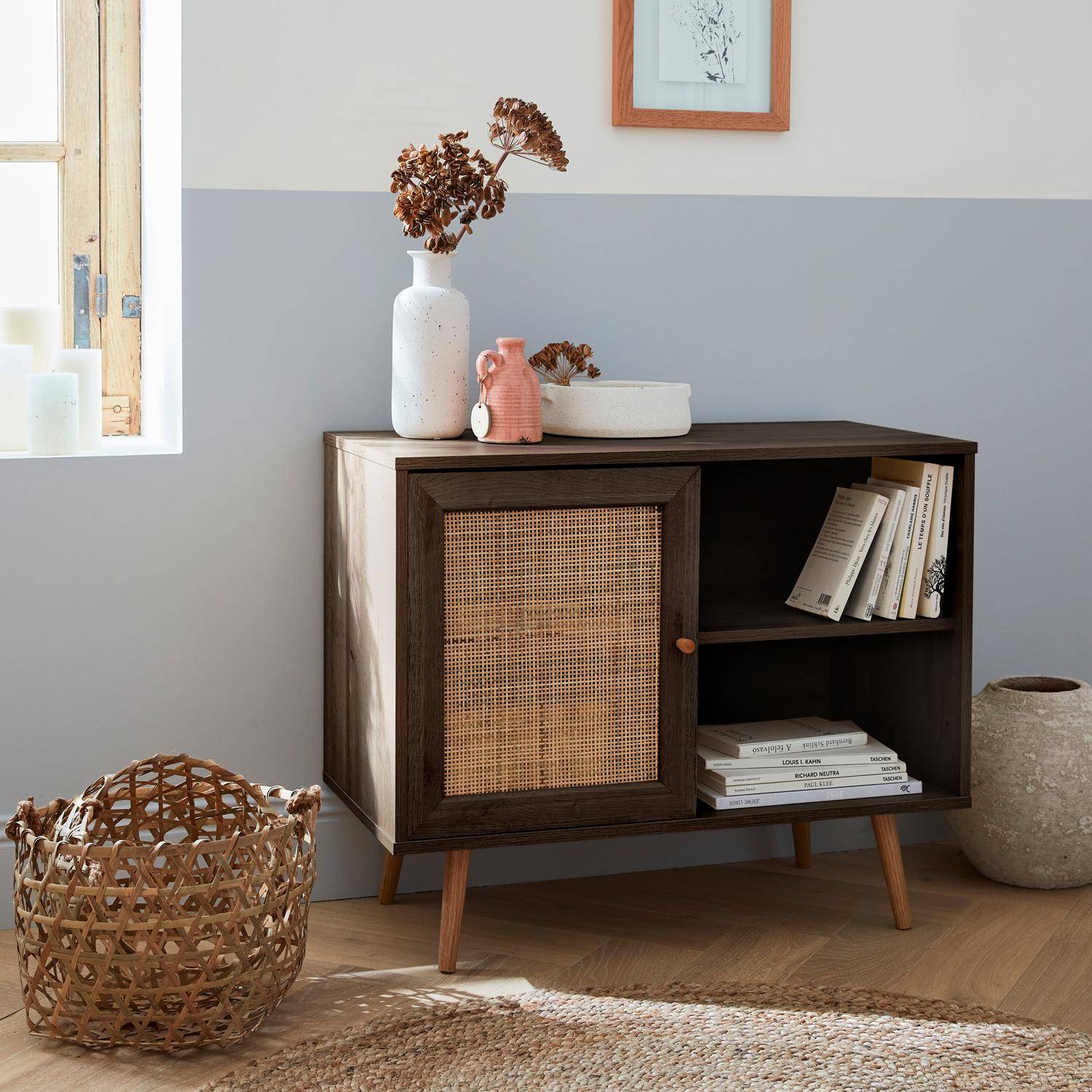 Wooden and cane rattan detail storage cabinet with 2 shelves, 1 cupboard, Scandi-style legs, 80x39x65.8cm - Boheme - Dark wood colour Photo1