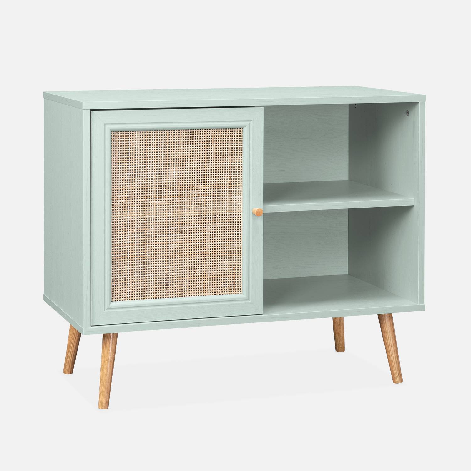 Scandi-style wood and cane rattan storage cabinet with Scandi-style legs, Pastel Green | sweeek