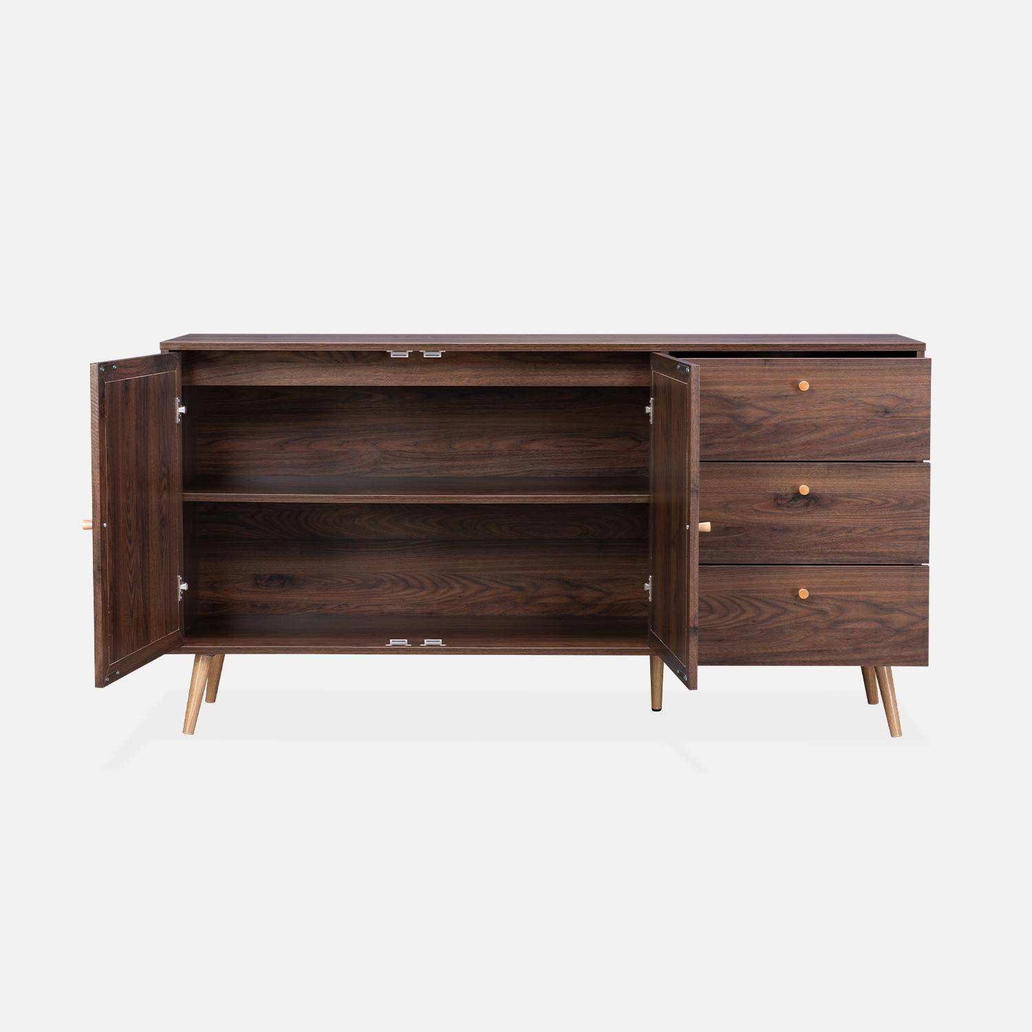 Wood and cane rattan detail sideboard, 2 doors & 3 drawers, Dark wood , L150xW39xH79cm ,sweeek,Photo3
