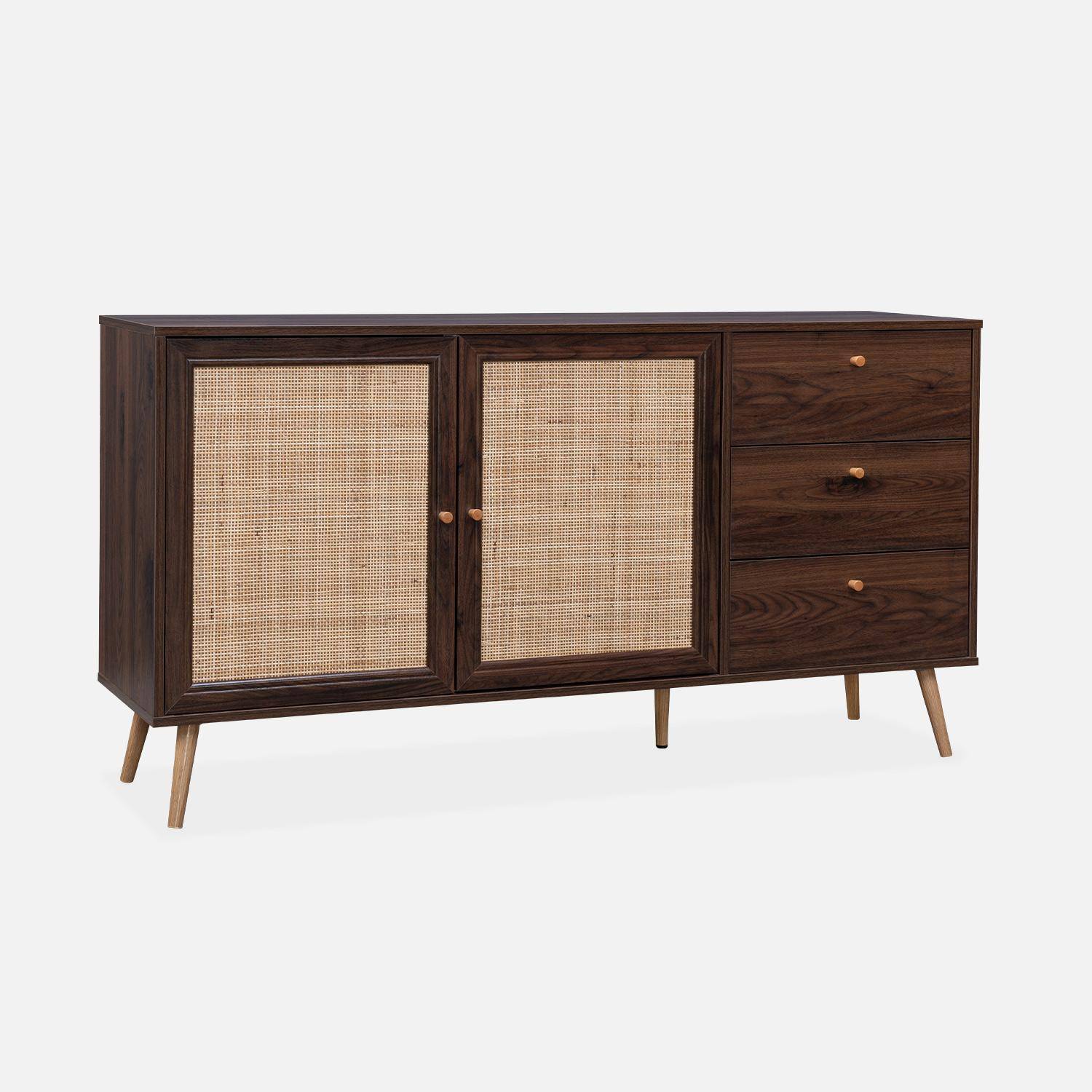 Wood and cane rattan detail sideboard, 2 doors & 3 drawers, Dark wood , L150xW39xH79cm  Photo1