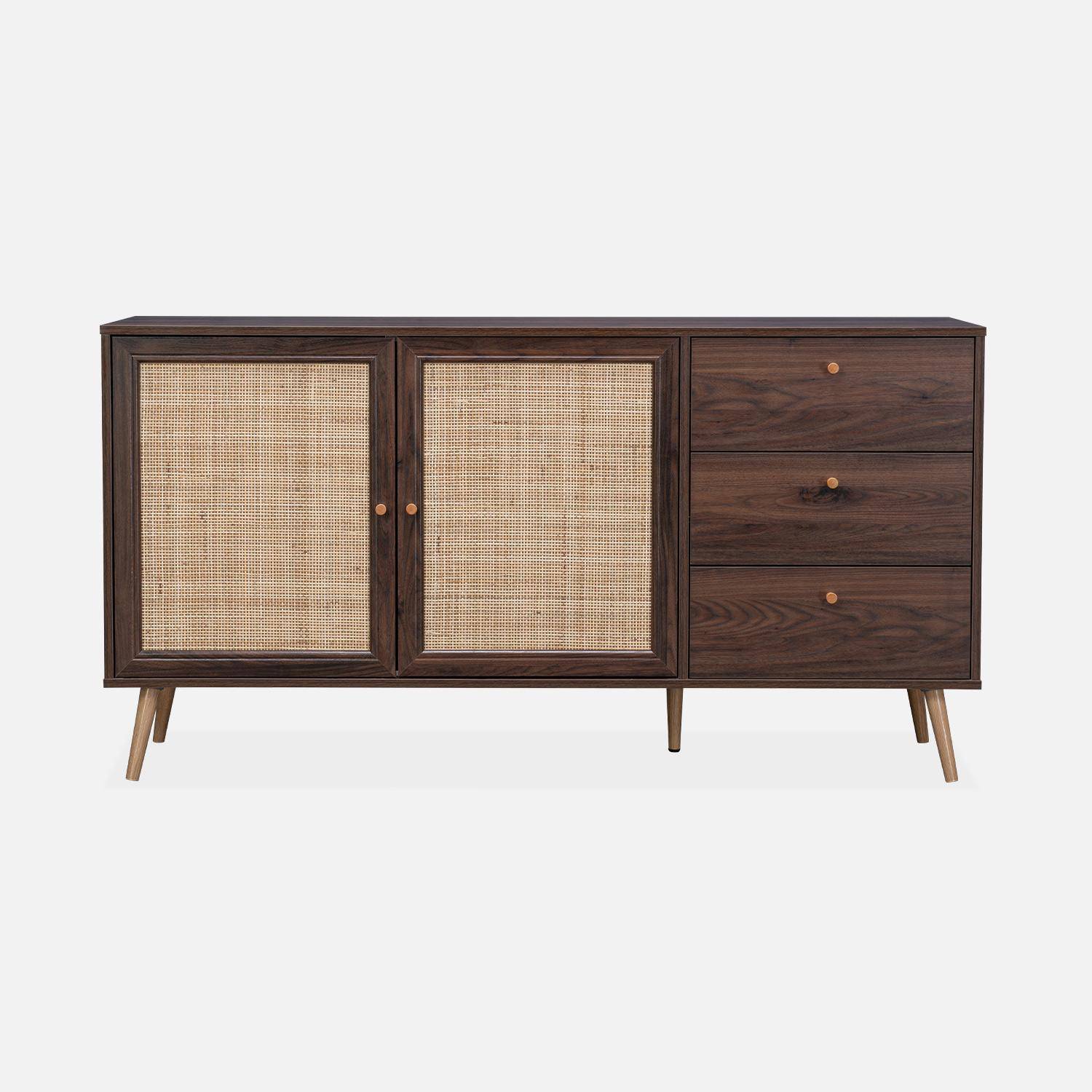 Wood and cane rattan detail sideboard, 2 doors & 3 drawers, Dark wood , L150xW39xH79cm  Photo2