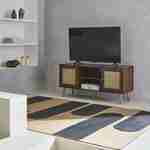 Scandi-style wood and cane rattan TV stand, 2 shelves, 2 doors, 120x39x56.5cm - Boheme - Dark wood Photo1