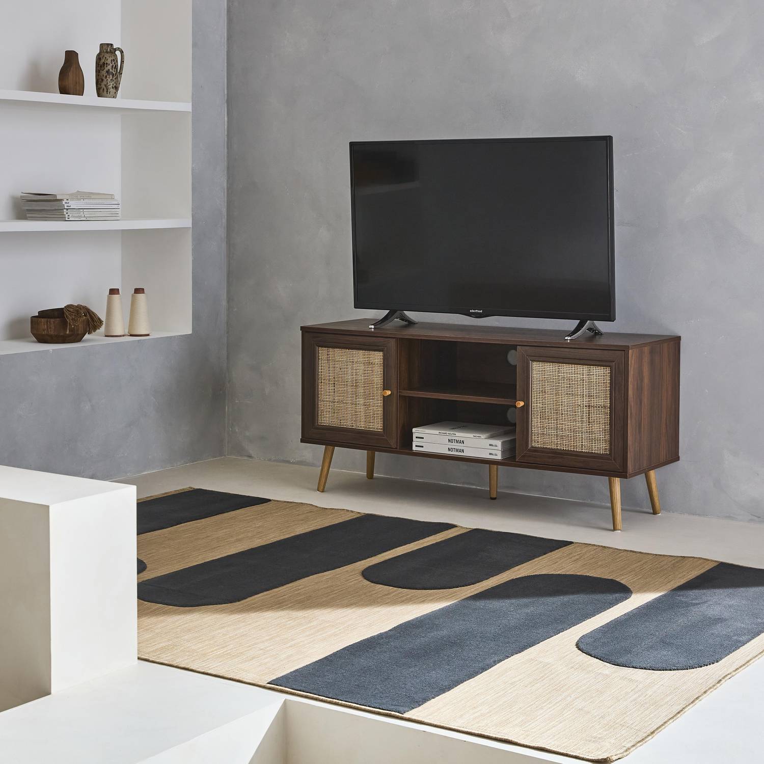 Scandi-style wood and cane rattan TV stand, 2 shelves, 2 doors, 120x39x56.5cm - Boheme - Dark wood Photo1