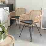 Lot de 2 fauteuils en rotin naturel et métal, coussin noir - Cahya Photo2