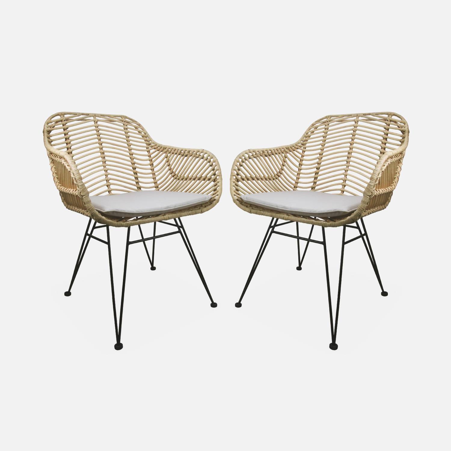 2er Set Sessel aus Rattan Natur und Metall, beige Kissen  | sweeek