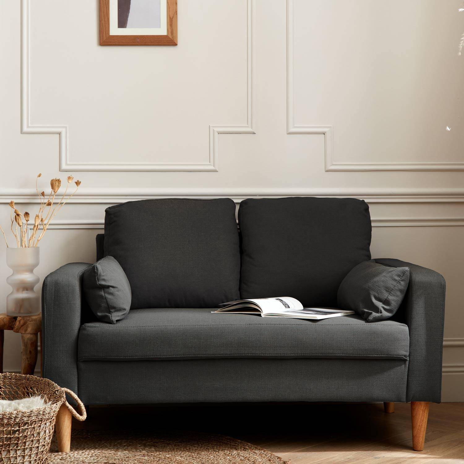 Medium 2-seater sofa Scandi-style with wooden legs - Bjorn - Dark Grey,sweeek,Photo1
