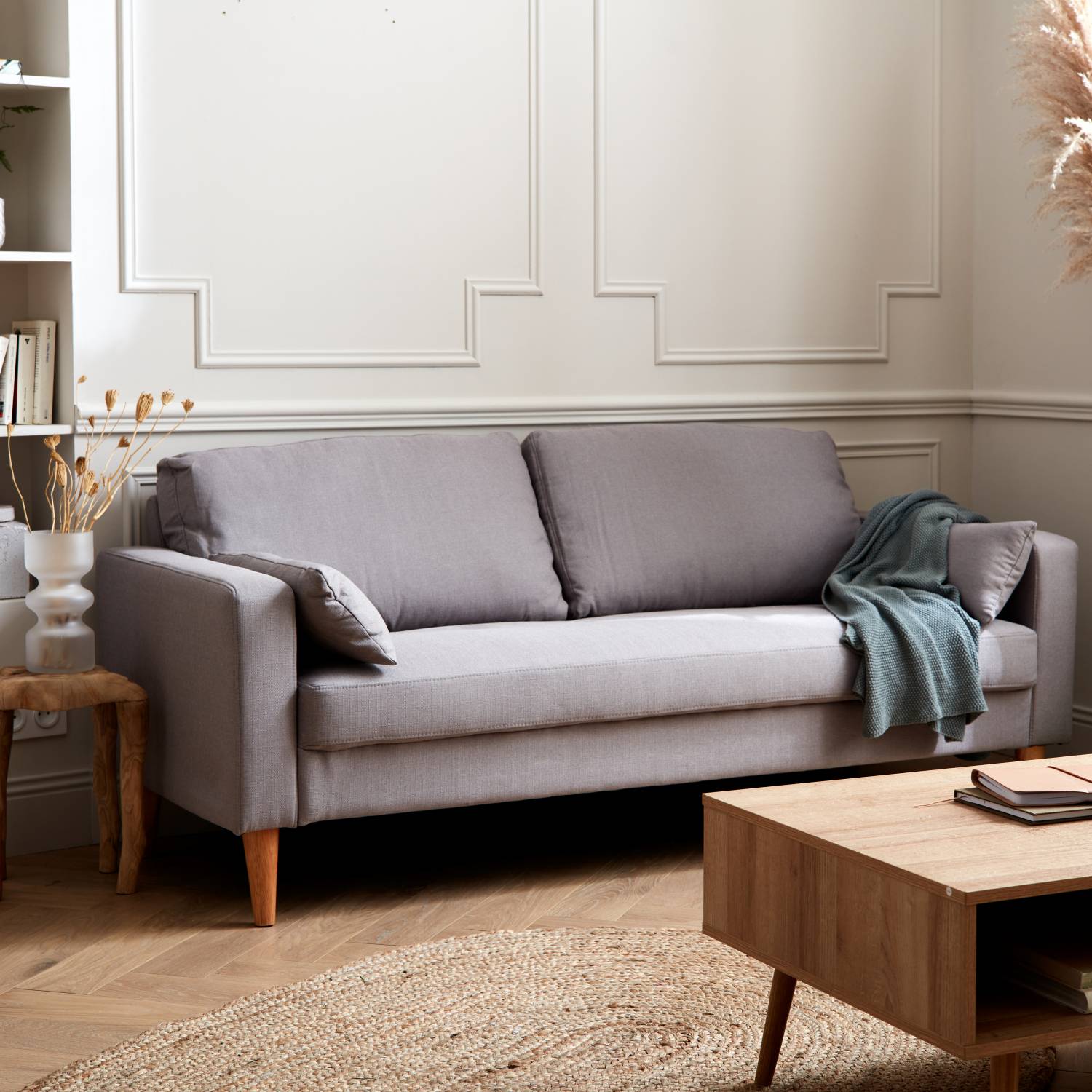 Large 3-seater sofa Scandi-style with wooden legs, Light Grey | sweeek