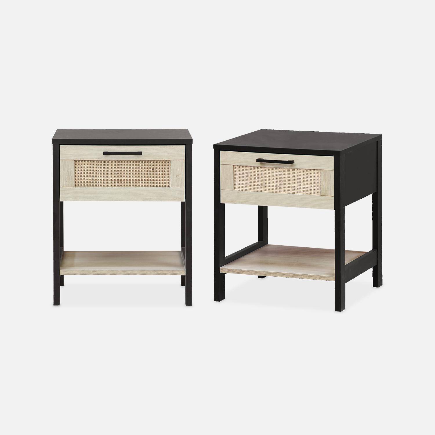 Pair of cane rattan bedside tables with drawer, 40x40x48cm - Bianca - Black Photo2
