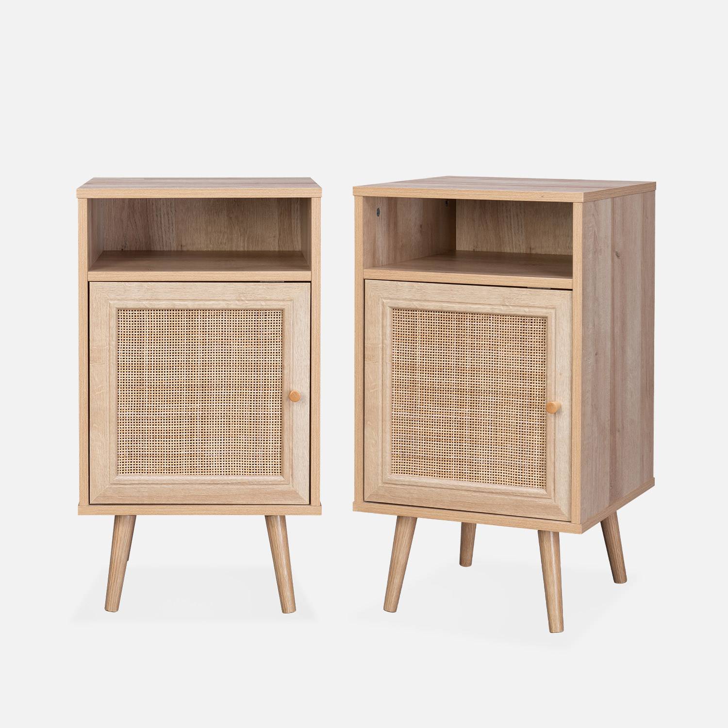 Pair of Scandi-style wood and cane rattan bedside tables with cupboard, 40x39x70cm, Natural Wood colour | sweeek