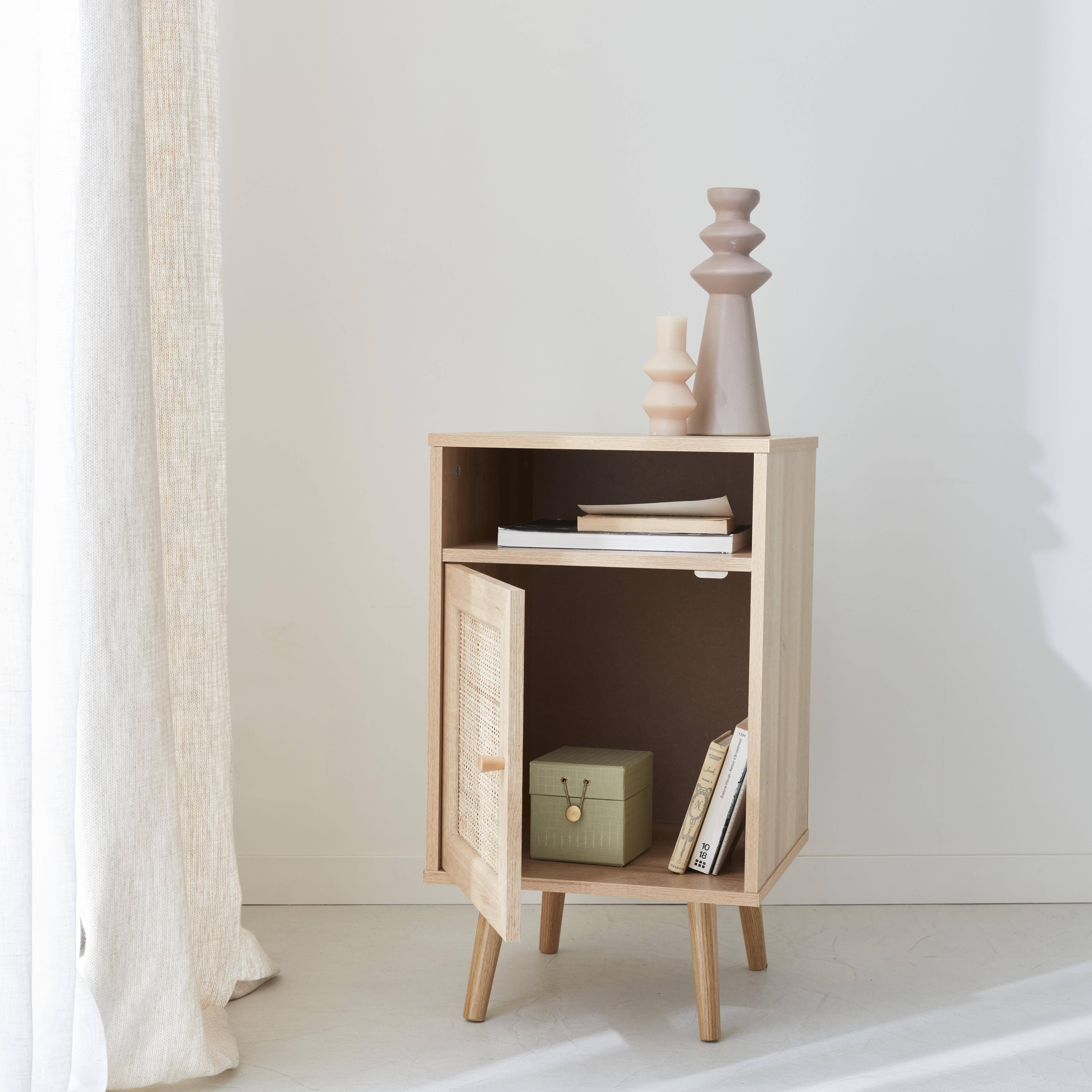 Pair of Scandi-style wood and cane rattan bedside tables with cupboard, 40x39x70cm - Boheme - Natural Wood colour Photo3