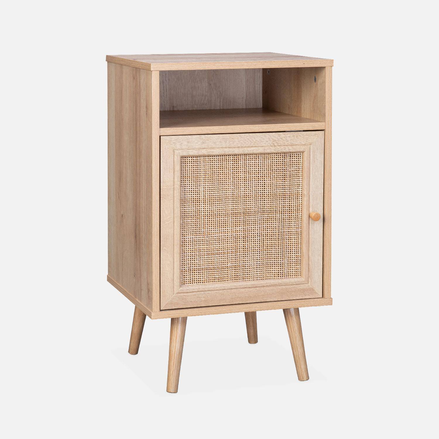 Pair of Scandi-style wood and cane rattan bedside tables with cupboard, 40x39x70cm - Boheme - Natural Wood colour Photo5