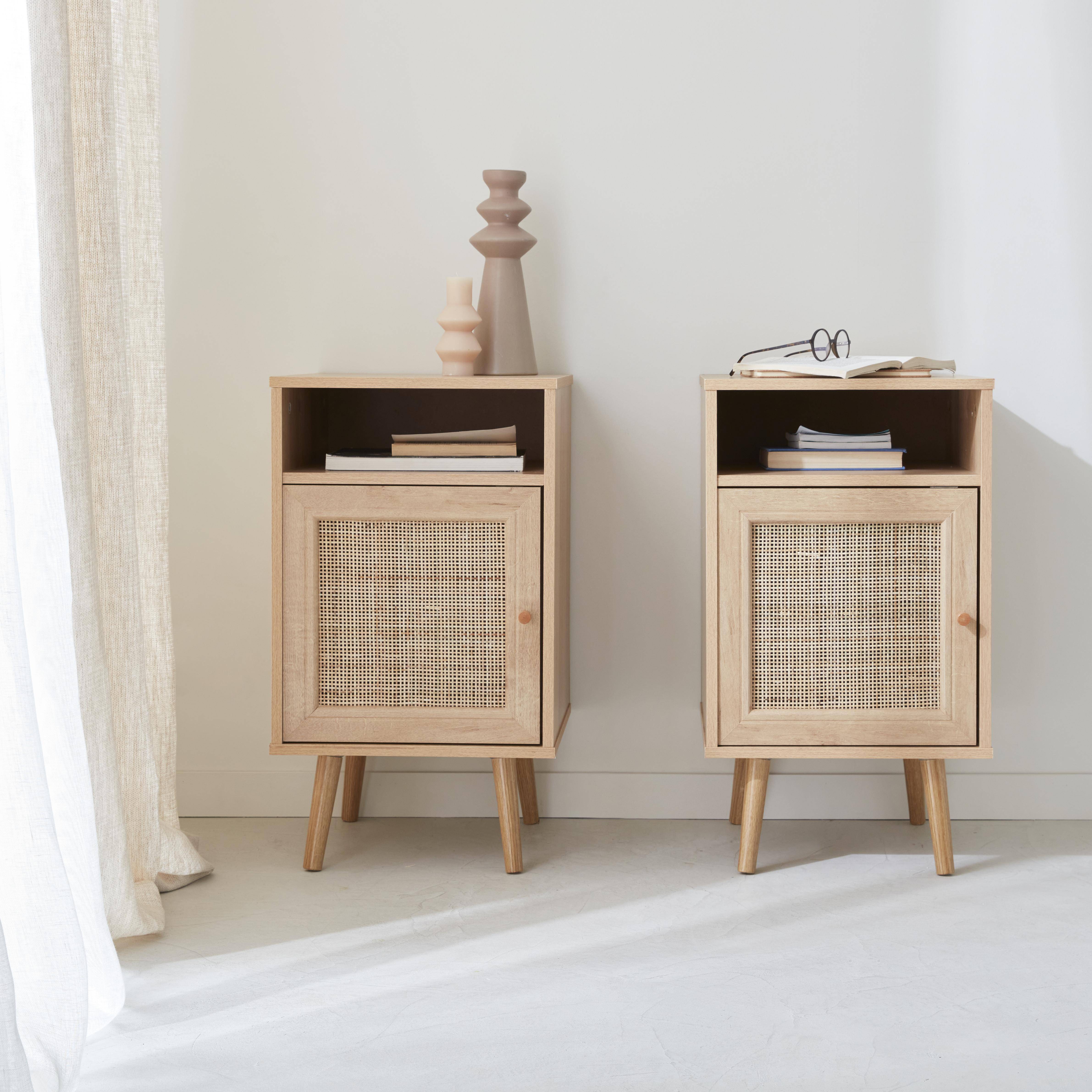 Pair of Scandi-style wood and cane rattan bedside tables with cupboard, 40x39x70cm - Boheme - Natural Wood colour Photo1