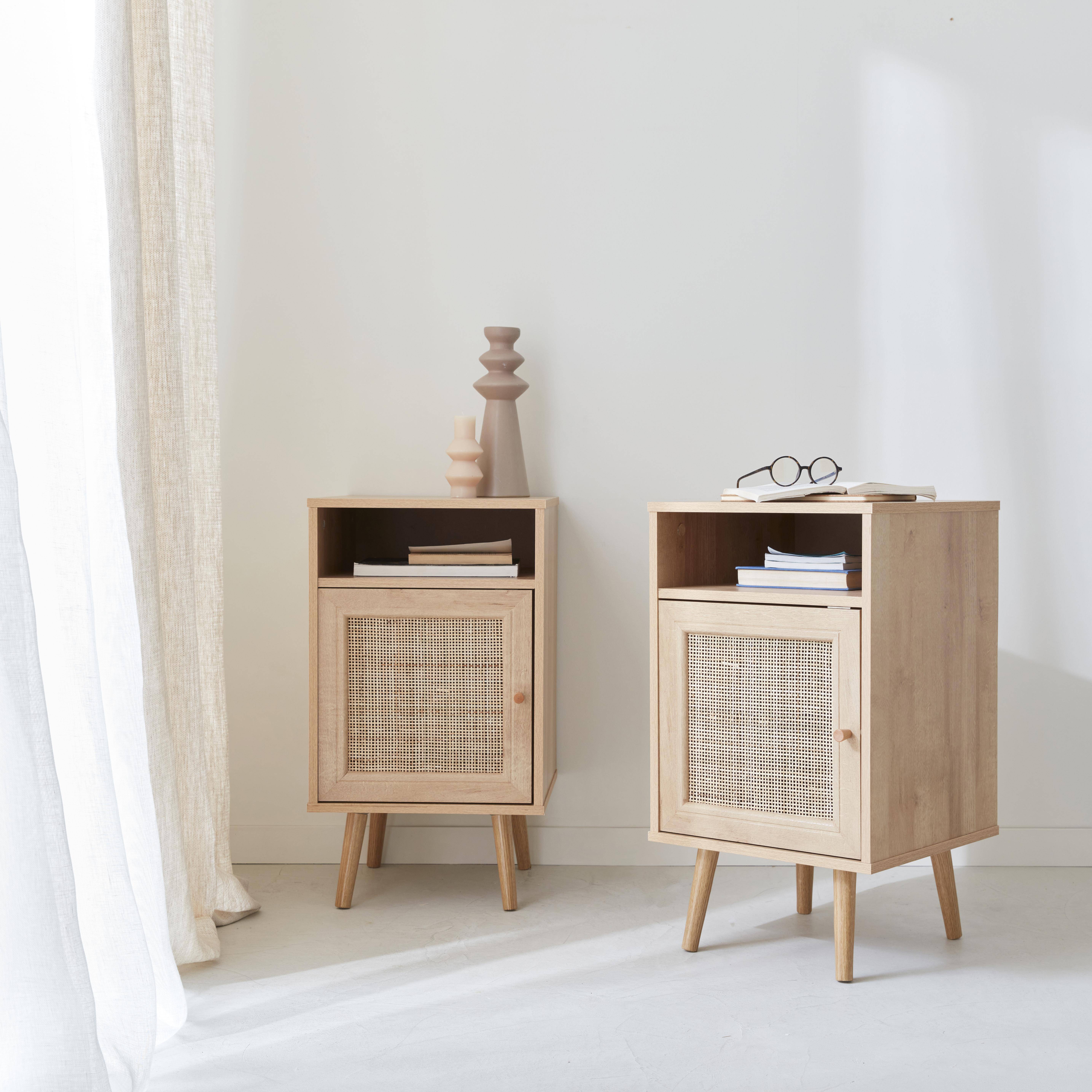 Pair of Scandi-style wood and cane rattan bedside tables with cupboard, 40x39x70cm - Boheme - Natural Wood colour Photo2