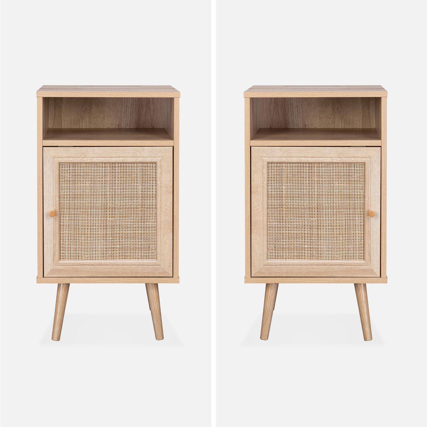 Pair of Scandi-style wood and cane rattan bedside tables with cupboard, 40x39x70cm - Boheme - Natural Wood colour Photo6