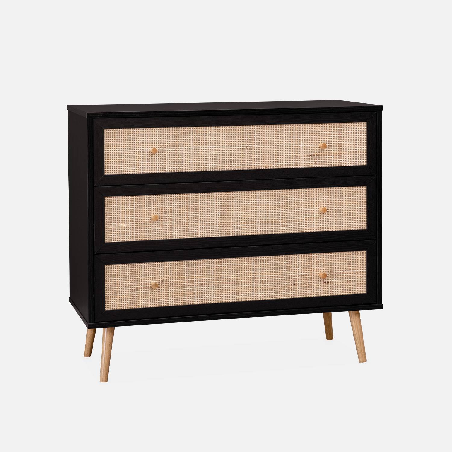 Wood and cane rattan detail 3-drawer chest, 90x39x79cm, Black | sweeek