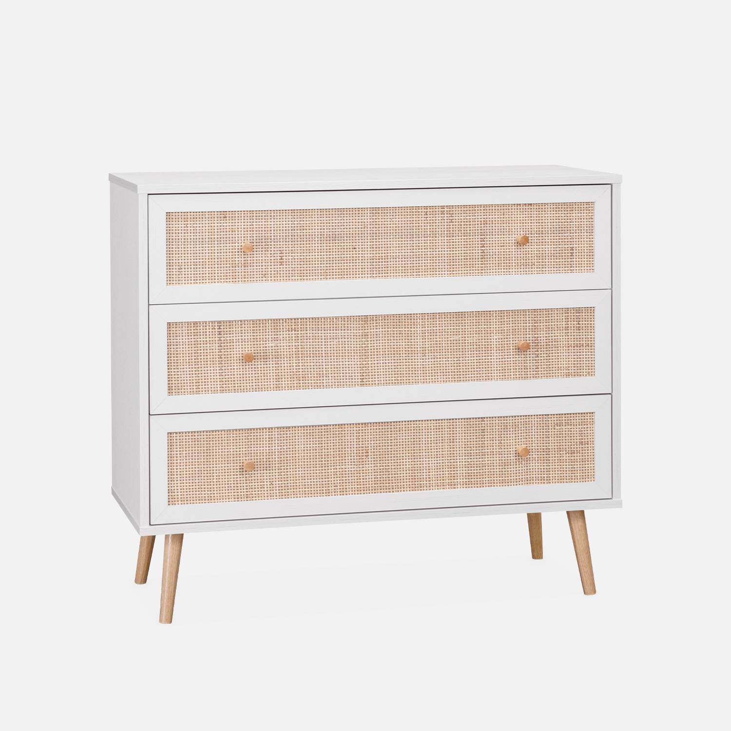 Wood and cane rattan detail 3-drawer chest, 90x39x79cm, White | sweeek