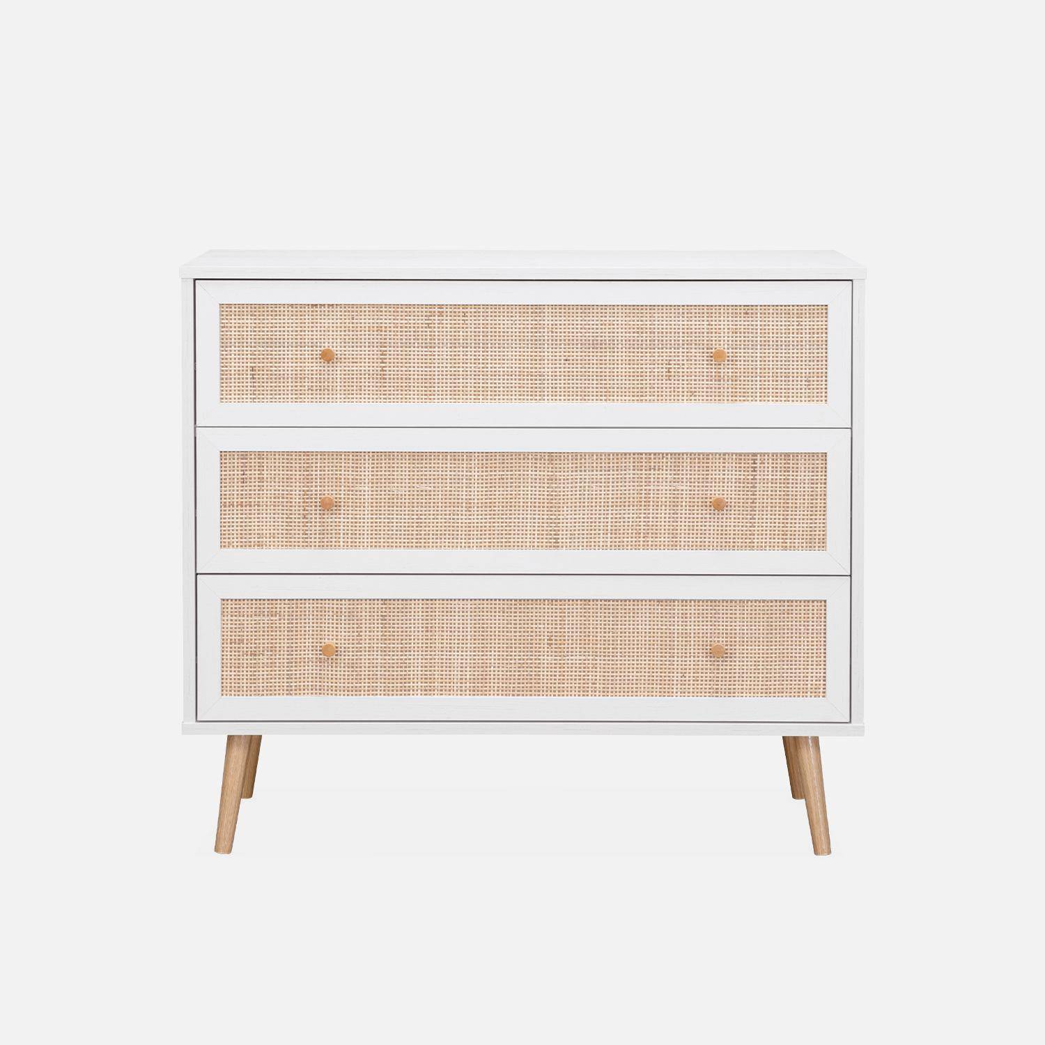 Wood and cane rattan detail 3-drawer chest, 90x39x79cm - Boheme - White Photo3