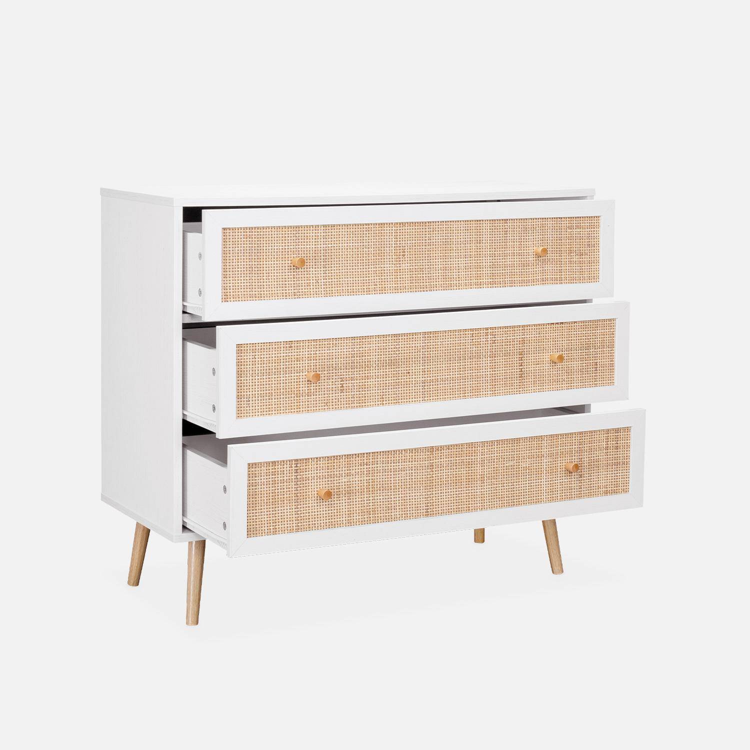 Wood and cane rattan detail 3-drawer chest, 90x39x79cm - Boheme - White Photo4