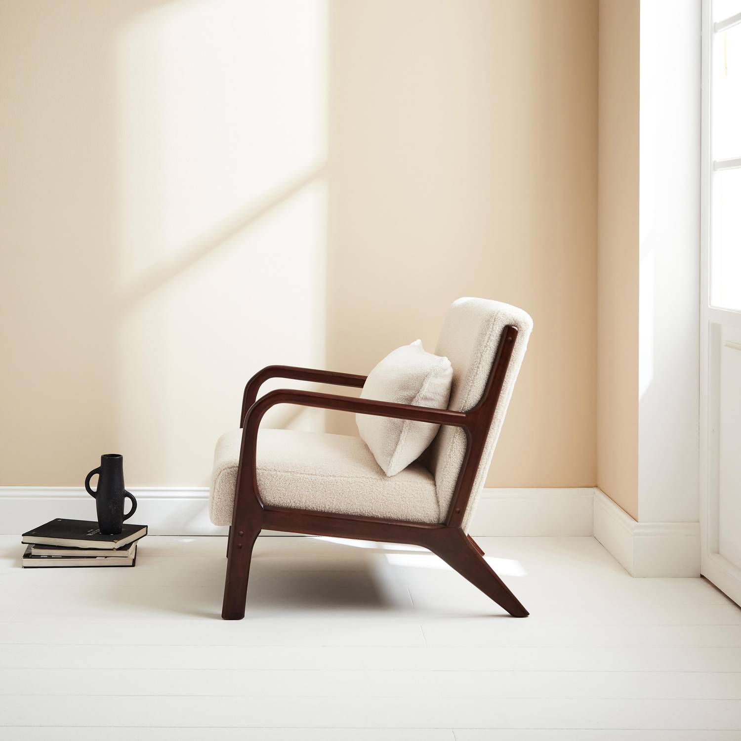Gekrulde fauteuil, poten van wengé gebeitst heveahout, 1 vaste rechte zitting, Scandinavische passerpoten, massief houten frame Photo2