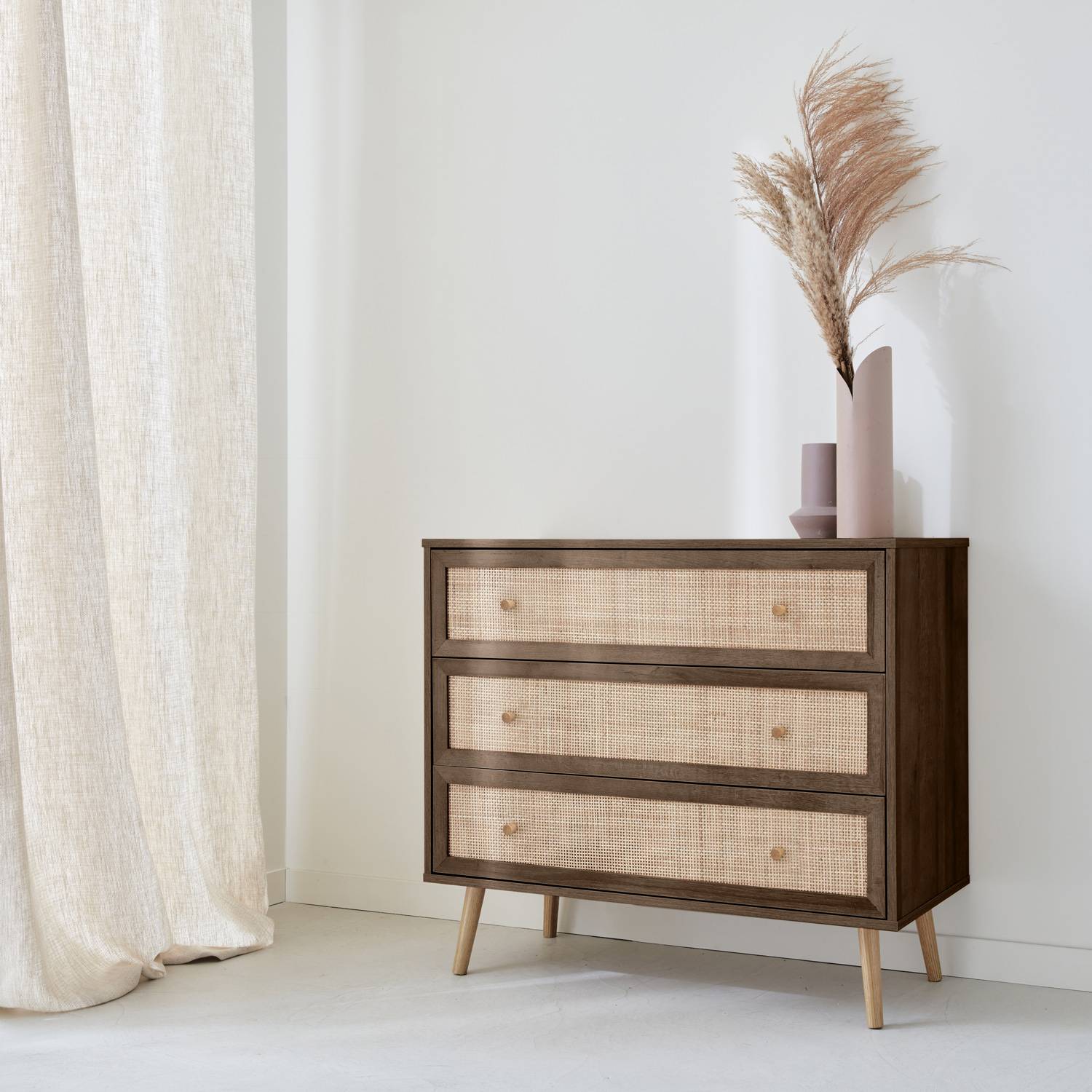 Wood and cane rattan detail 3-drawer chest, 90x39x79cm, Dark Wood colour | sweeek