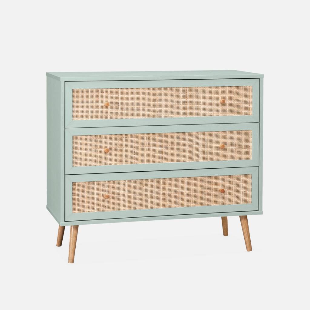 Cómoda com efeito madeira e cana de 3 gavetas, Verde celadon