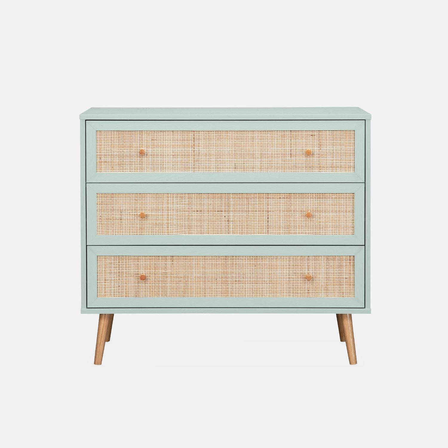Cómoda escandinava efecto madera y caña con 3 cajones, Boheme, Verde celadón, 90x39x79 cm Photo3