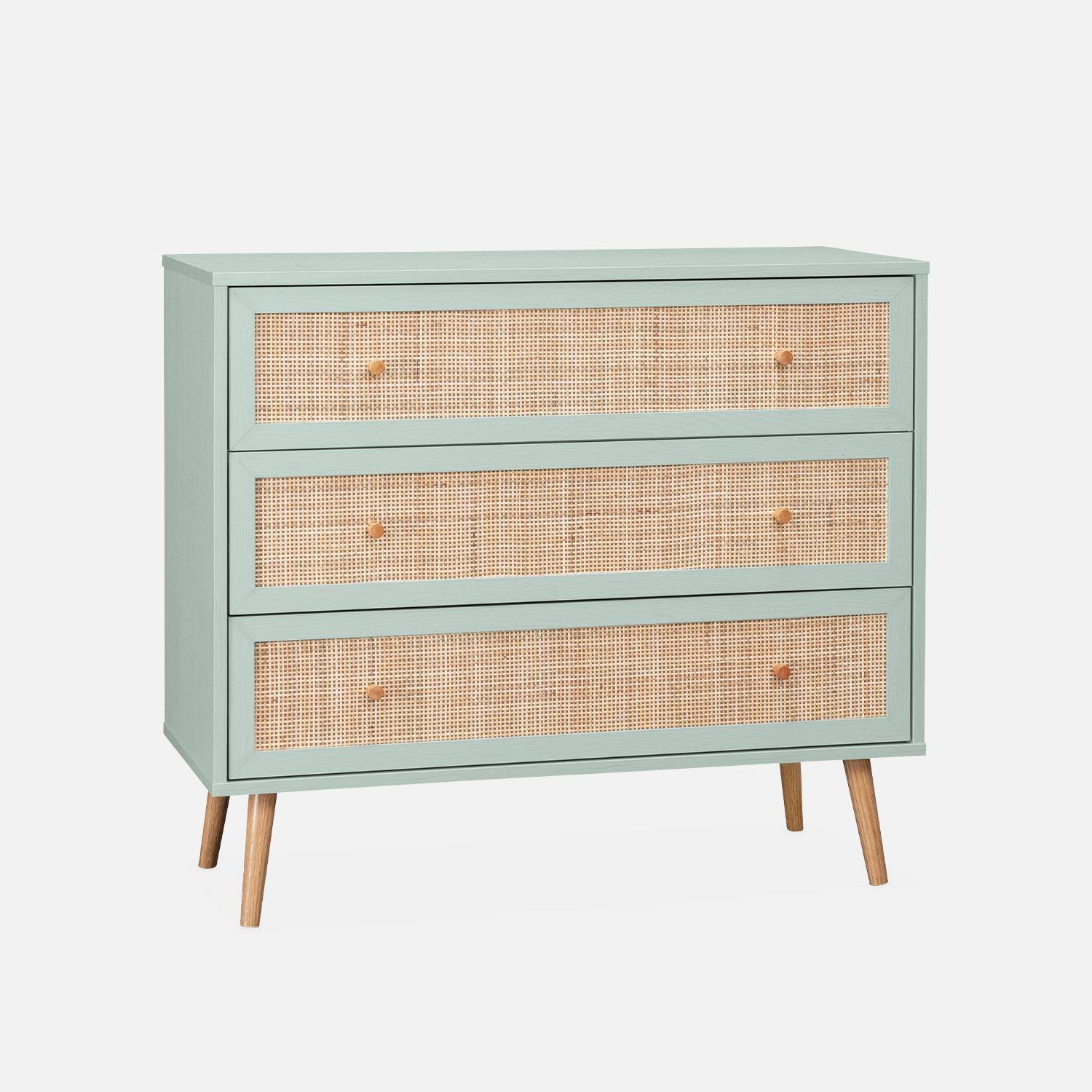Cómoda escandinava efecto madera y caña con 3 cajones, Boheme, Verde celadón, 90x39x79 cm,sweeek,Photo2