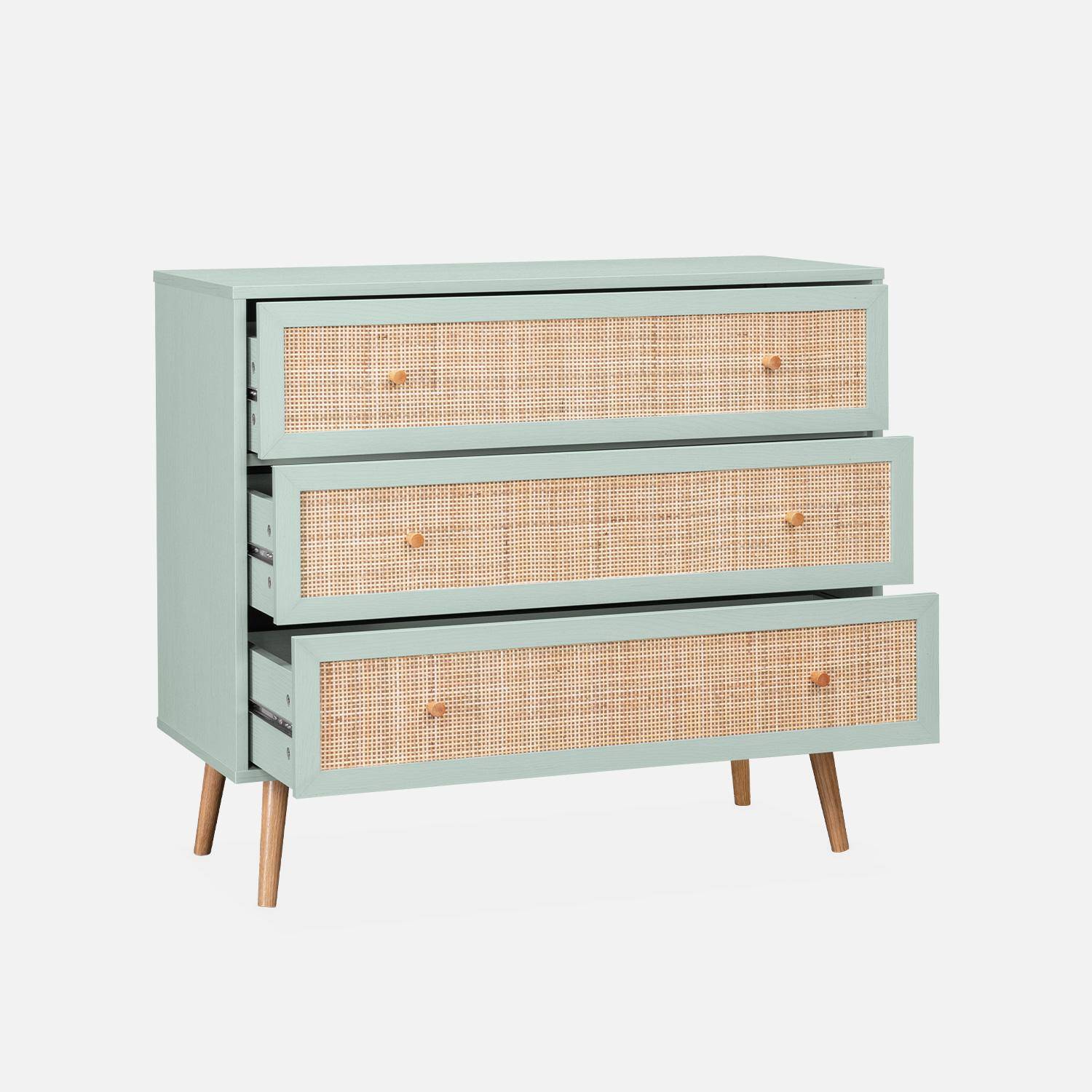 Wood and cane rattan detail 3-drawer chest, 90x39x79cm - Boheme - Pastel Green Photo4