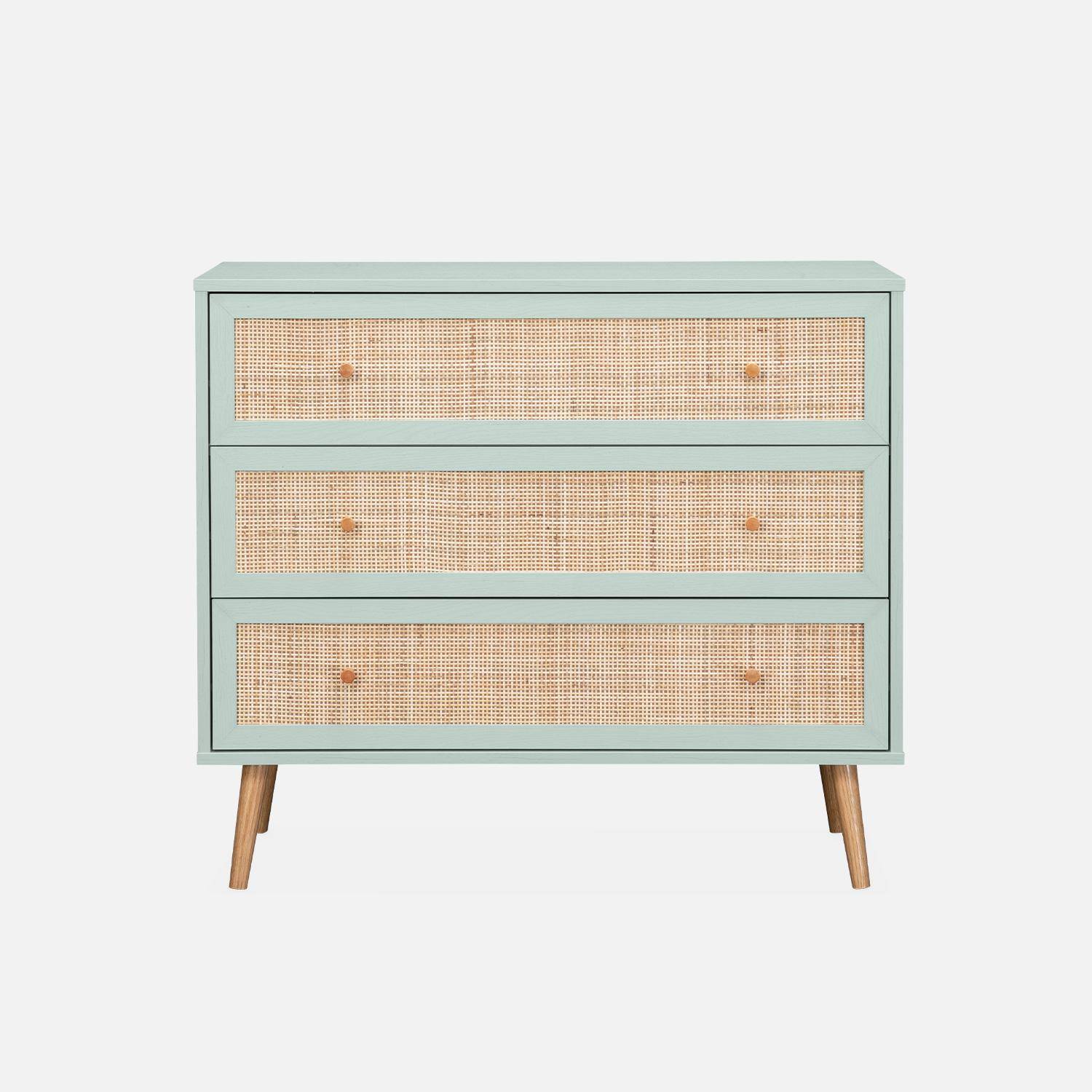 Wood and cane rattan detail 3-drawer chest, 90x39x79cm - Boheme - Pastel Green Photo3