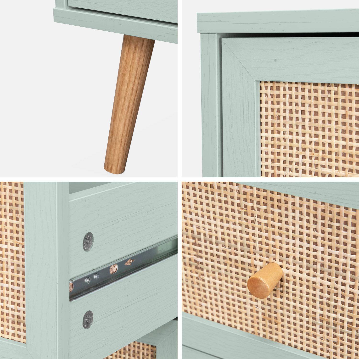 Wood and cane rattan detail 3-drawer chest, 90x39x79cm - Boheme - Pastel Green Photo5