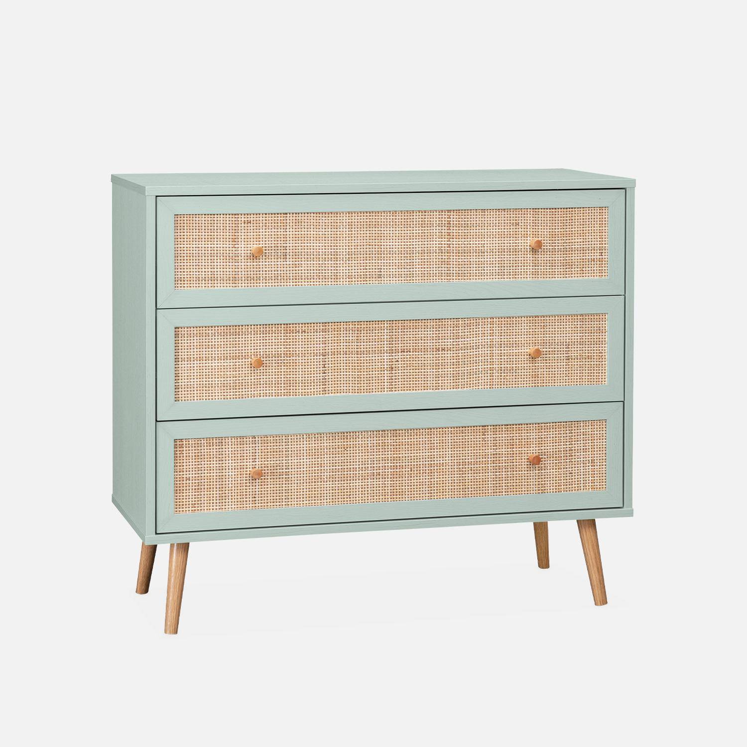 Wood and cane rattan detail 3-drawer chest, 90x39x79cm - Boheme - Pastel Green Photo2