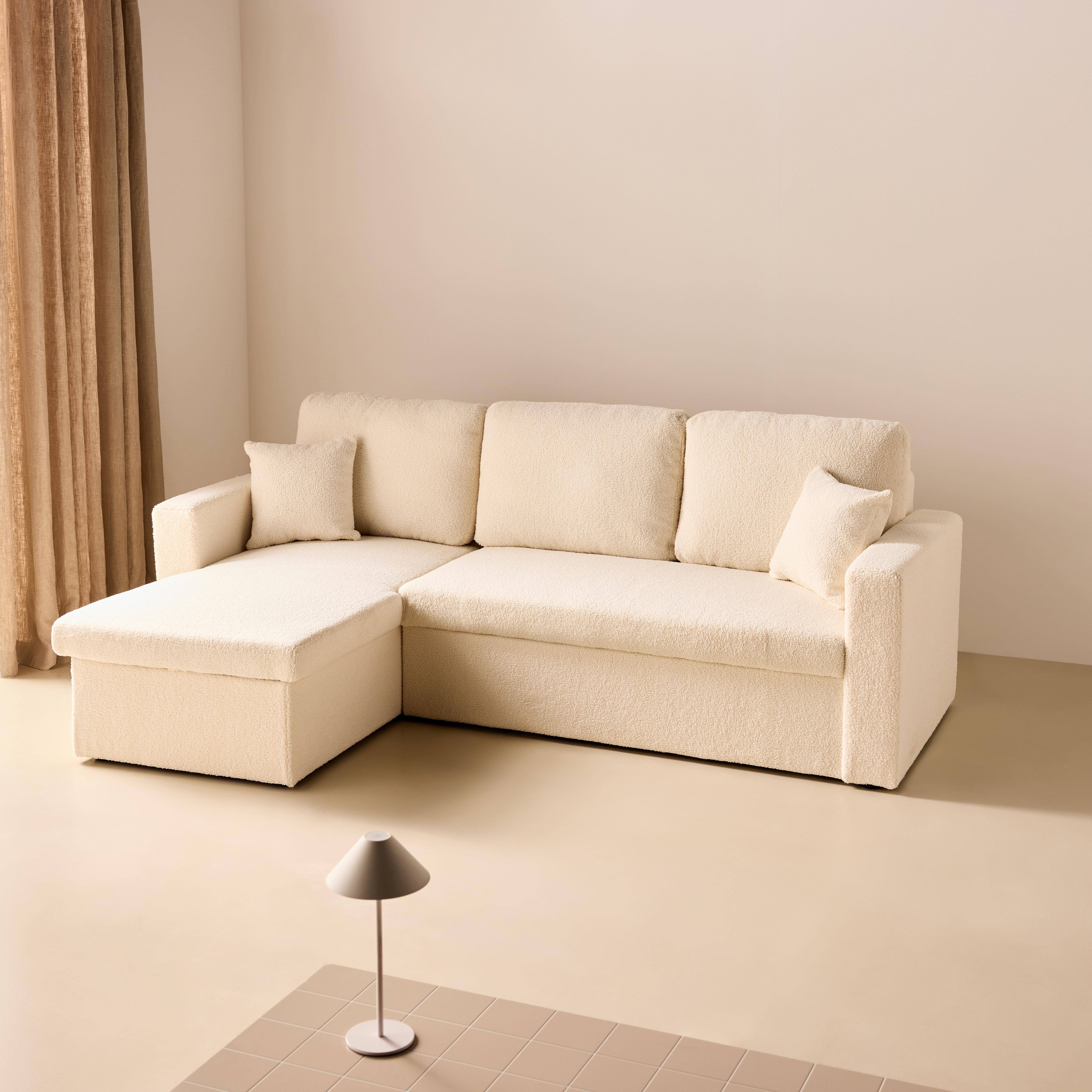 Canapé d'angle convertible en tissu bouclettes crème - IDA - 3 places, fauteuil d'angle réversible coffre rangement lit modulable  Photo2