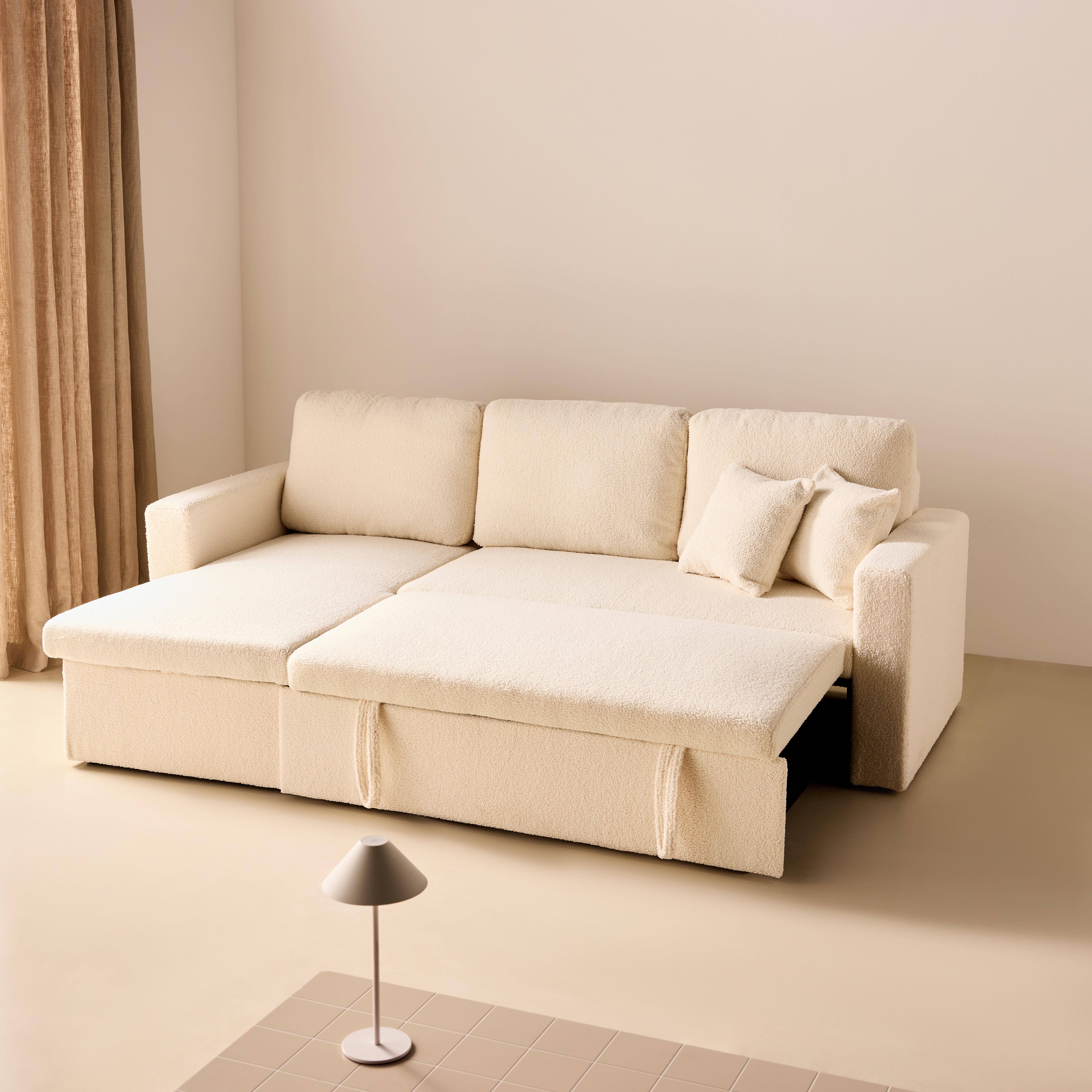 Canapé d'angle convertible en tissu bouclettes crème - IDA - 3 places, fauteuil d'angle réversible coffre rangement lit modulable  Photo4